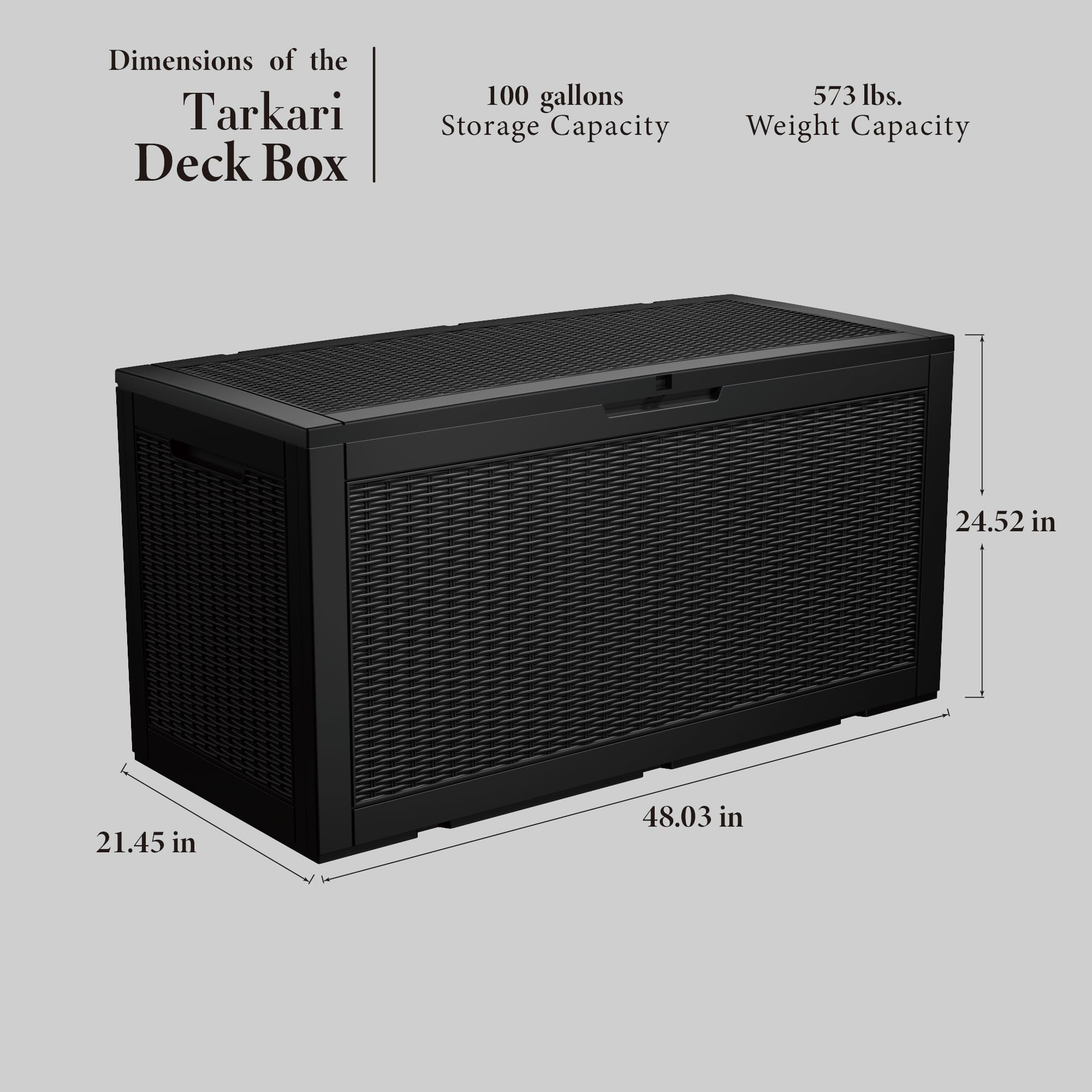 100 Gallon Lockable Resin Deck Box - Waterproof & UV-Resistant Outdoor Storage Container for Patio Cushions, Pool Toys, and Garden Tools | Perfect for Backyard, Poolside, and Deck Organization (Black)