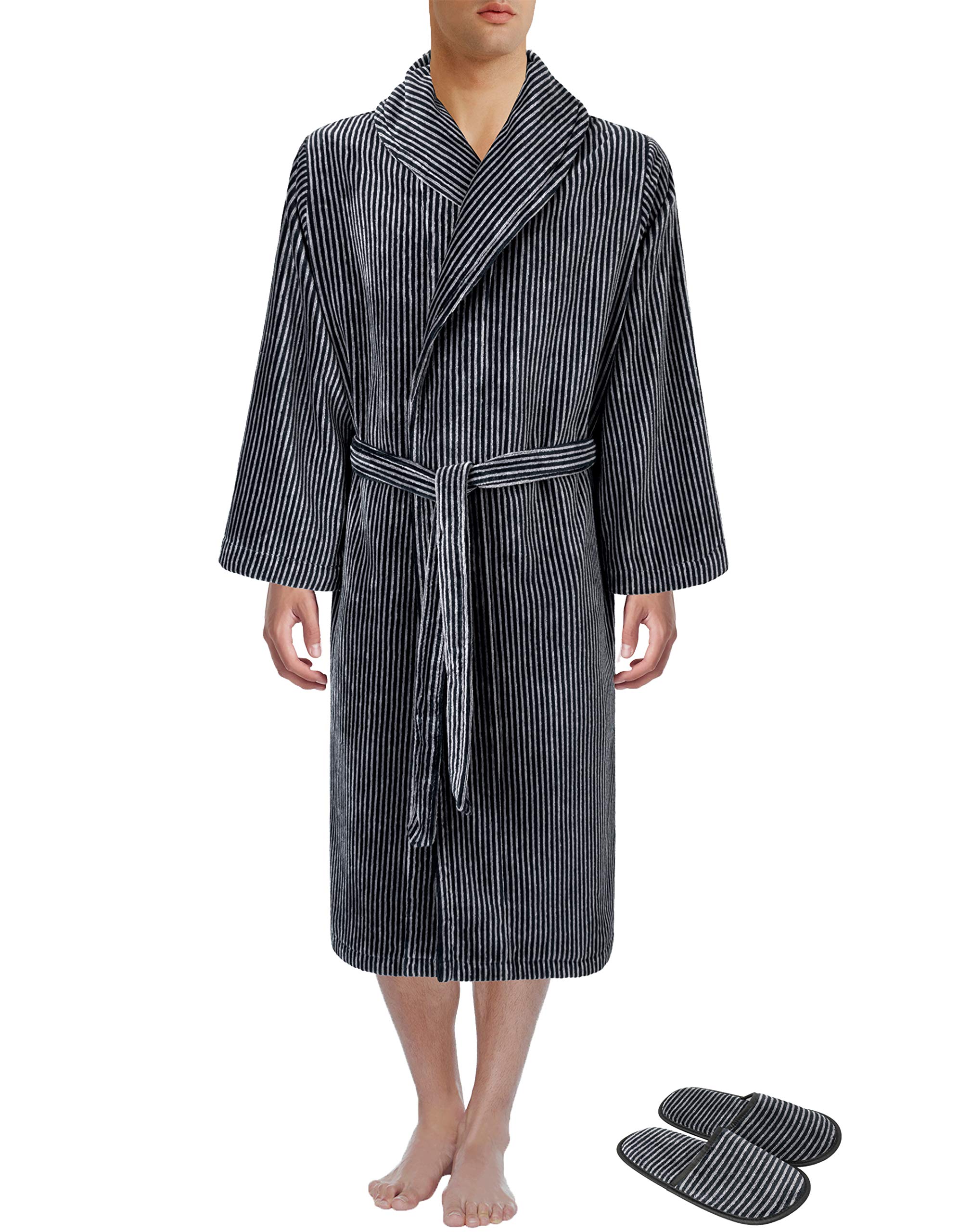 Mystique Velour Lounge Robe with Slippers - Black & Silver Grey Striped European Luxury Loungewear | Perfect for Spa Days, Relaxing at Home & Gift Giving