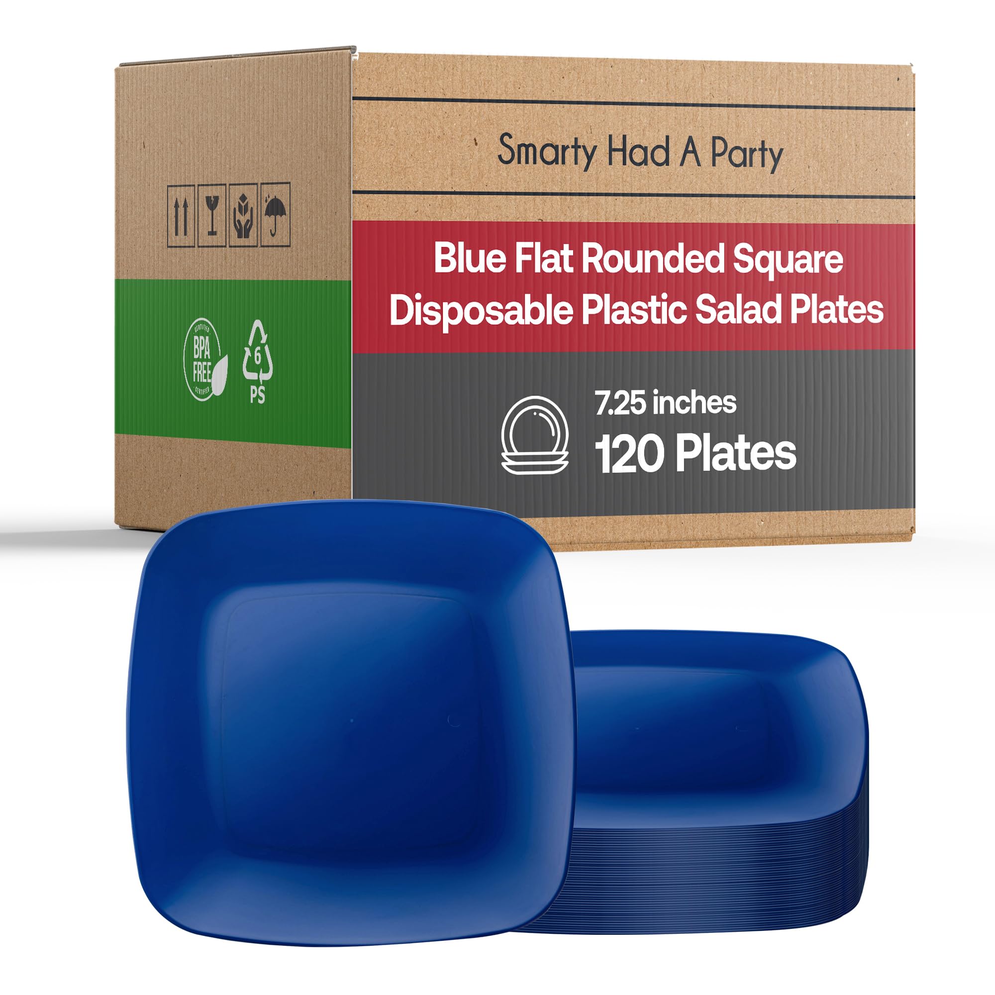 Elegant Disposable Plastic Dessert Plates 120 Pcs - Heavy Duty Round & Square Blue Salad Plates (7.25