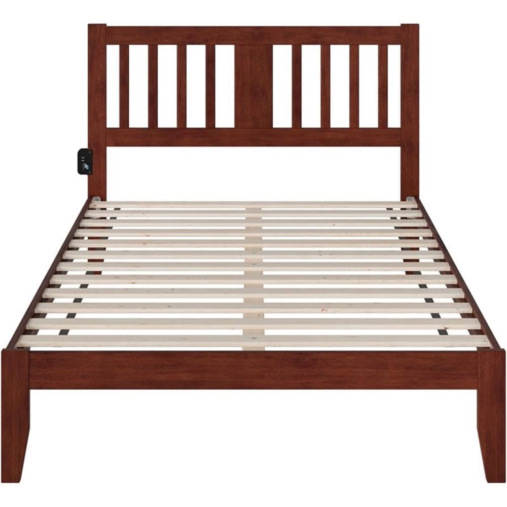 BOWERY HILL Traditional Solid Wood Full Size Spindle Bed Frame with USB Turbo Charger - Walnut Finish for Bedroom, Guest Room & Dormitory