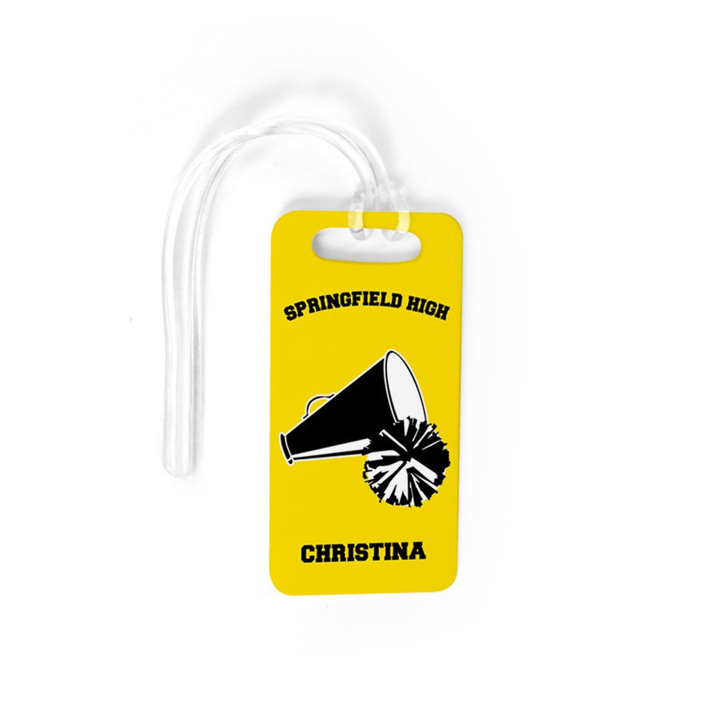 Personalized Cheerleading Luggage Tag - Custom Cheer Team Pom Pom & Megaphone Design - Small Yellow/Black Bag Tag with Standard Lines - Perfect for Gym Bags, Cheer Competitions & Travel Accessories