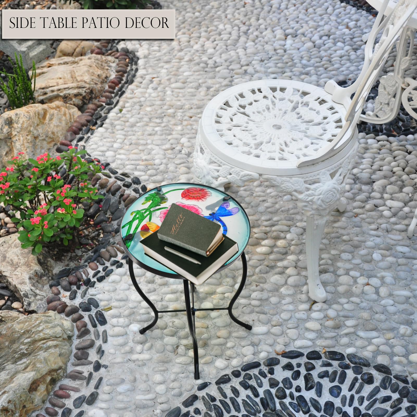 Compact Outdoor Side Table - Metal & Glass Patio End Table for Garden, Balcony, or Indoor Decor - Perfect for Drinks, Plants & Accent Furniture