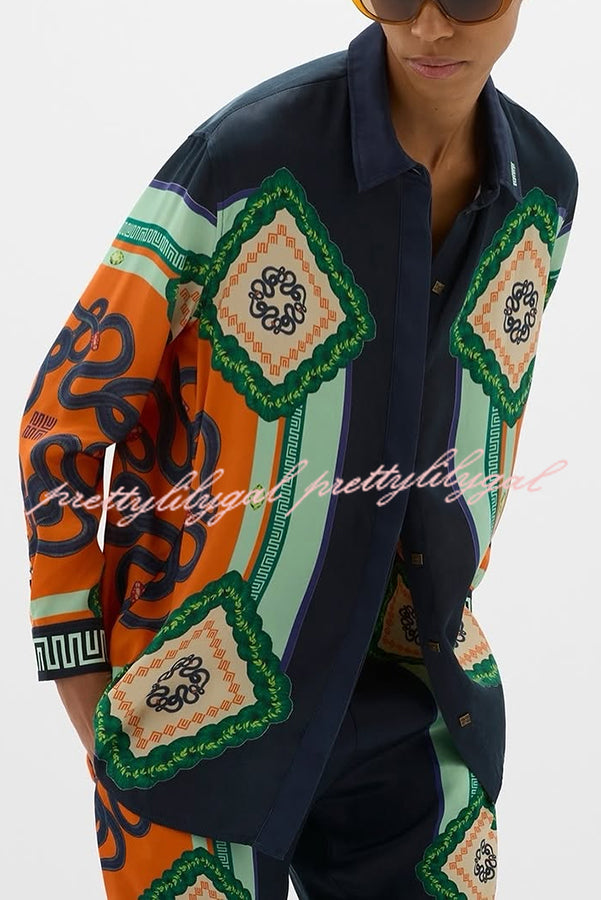 Vacation Times Women's Satin Oversized Button Down Blouse with Unique Print - Elegant Loose Fit Shirt for Casual Outings, Date Nights & Office Wear