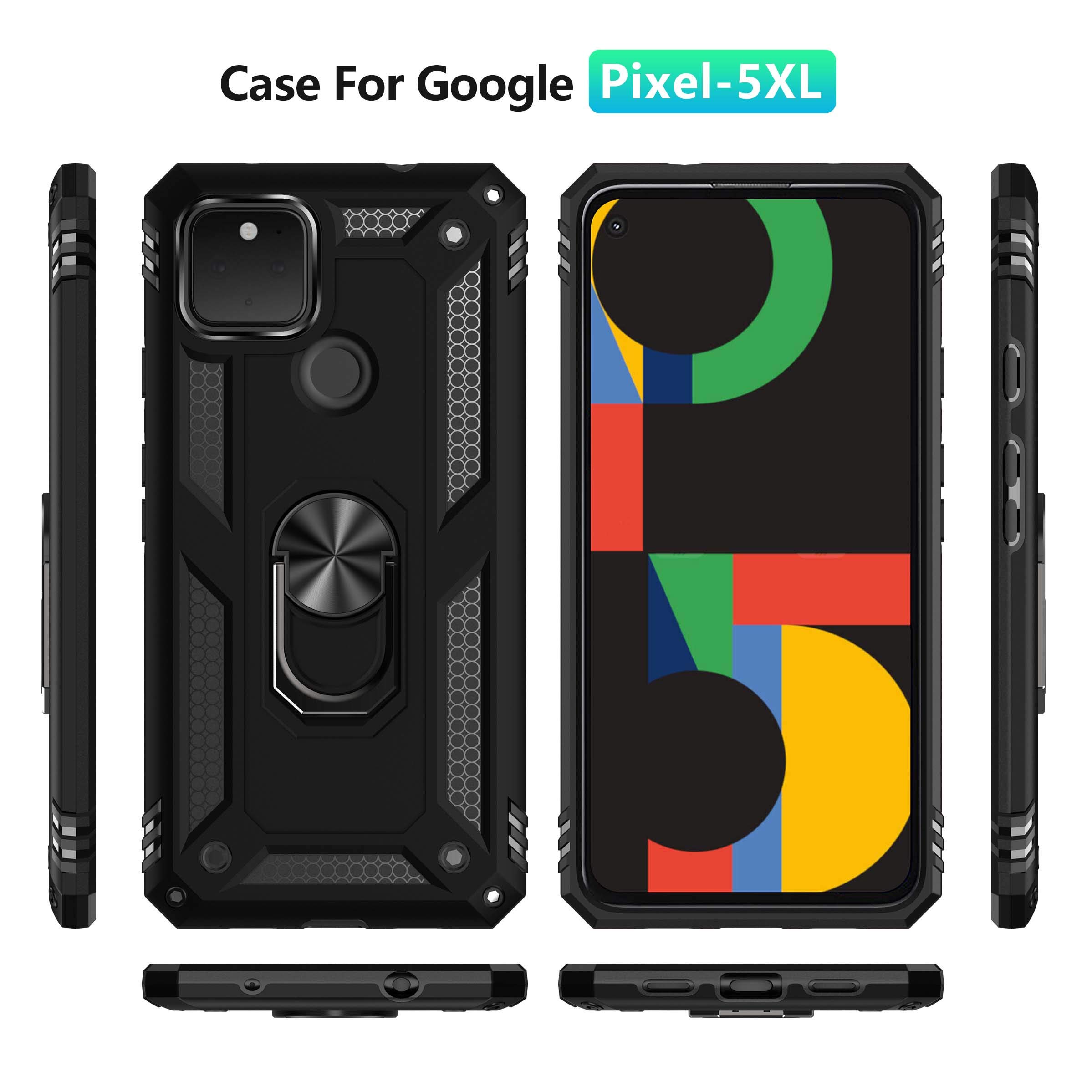 Military Grade Protective Phone Case for Google Pixel 4a 5G with Ring Car Mount & Kickstand - Shockproof Cover for Everyday Use, Travel & Outdoor Activities - Black