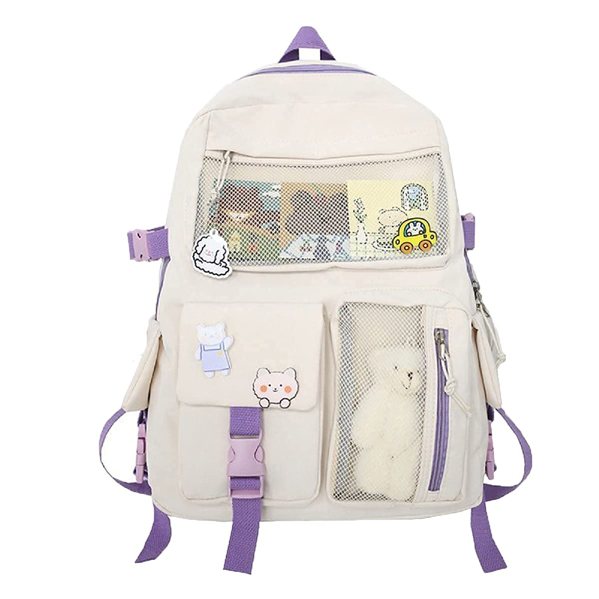 Donloise Kawaii Aesthetic Backpack - Cute Japanese Canvas School Bag with Plush Pendant & Pins, Laptop Backpack for College Students (White) - Perfect for School, Travel & Anime Conventions