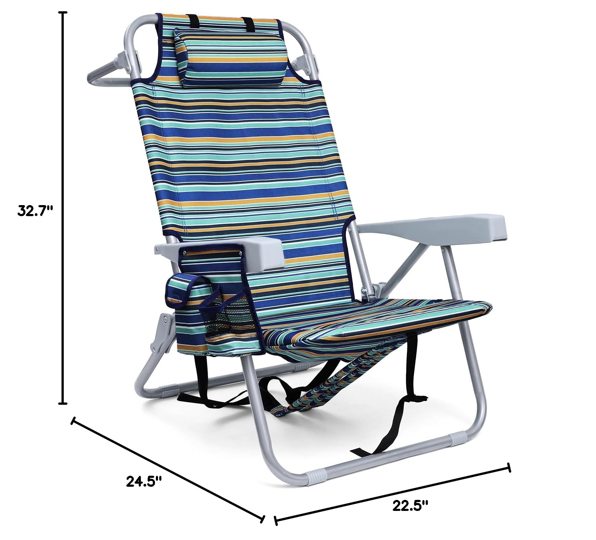 **Heavy Duty Folding Beach Chair for Adults - 4 Position Adjustable Backpack Beach Chair with Large Cooler Pouch, Supports 350LBS (Stripes Blue, Cyan & Yellow) - Perfect for Beach, Camping, Picnics & Outdoor Relaxation**