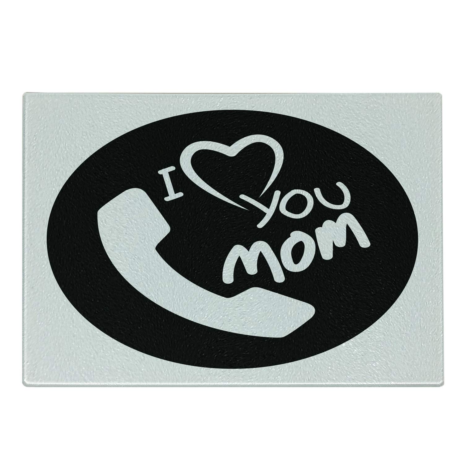 Ambesonne Call Mom Cutting Board - Black & White Phone Silhouette Design - Tempered Glass Serving Board for Kitchen & Gifts - Perfect for Mother's Day, Housewarming & Family Gatherings