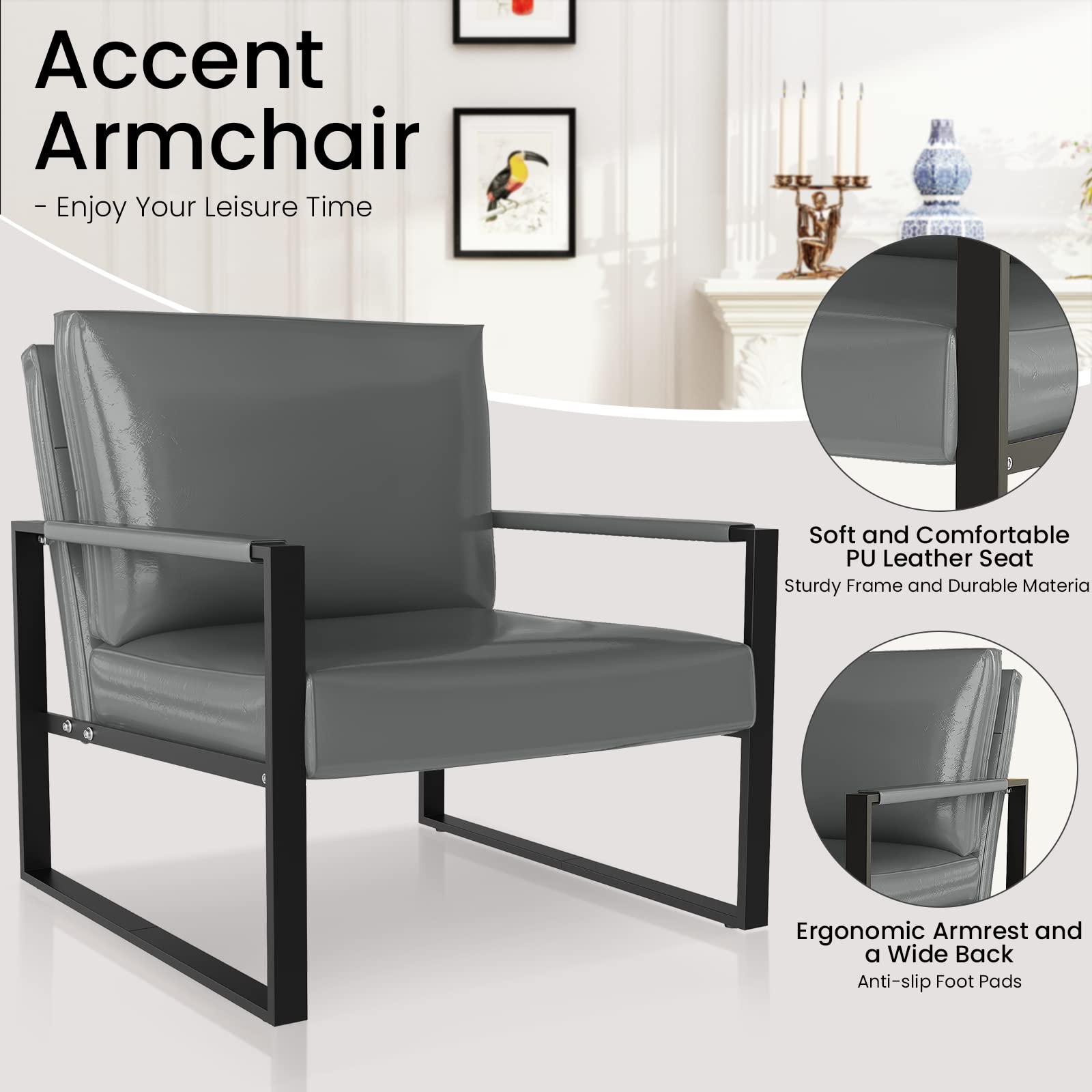 Premium Leather Accent Chair and Loveseat Set with Pillows - Extra Large Ergonomic Cushion & Anti-Scratch Foot Mats - Modern Grey Living Room Sofa for Home, Office, and Lounge Spaces
