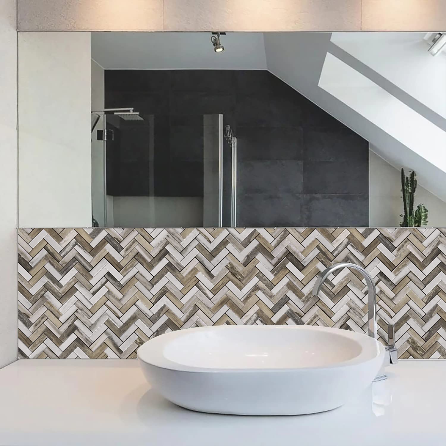 STICKGOO Herringbone Peel and Stick Backsplash - 10 Sheets PVC Self-Adhesive Wall Tiles, Waterproof Faux Wood Kitchen Backsplash for Easy DIY Installation - Perfect for Kitchen, Bathroom, Laundry Room & RV Renovation