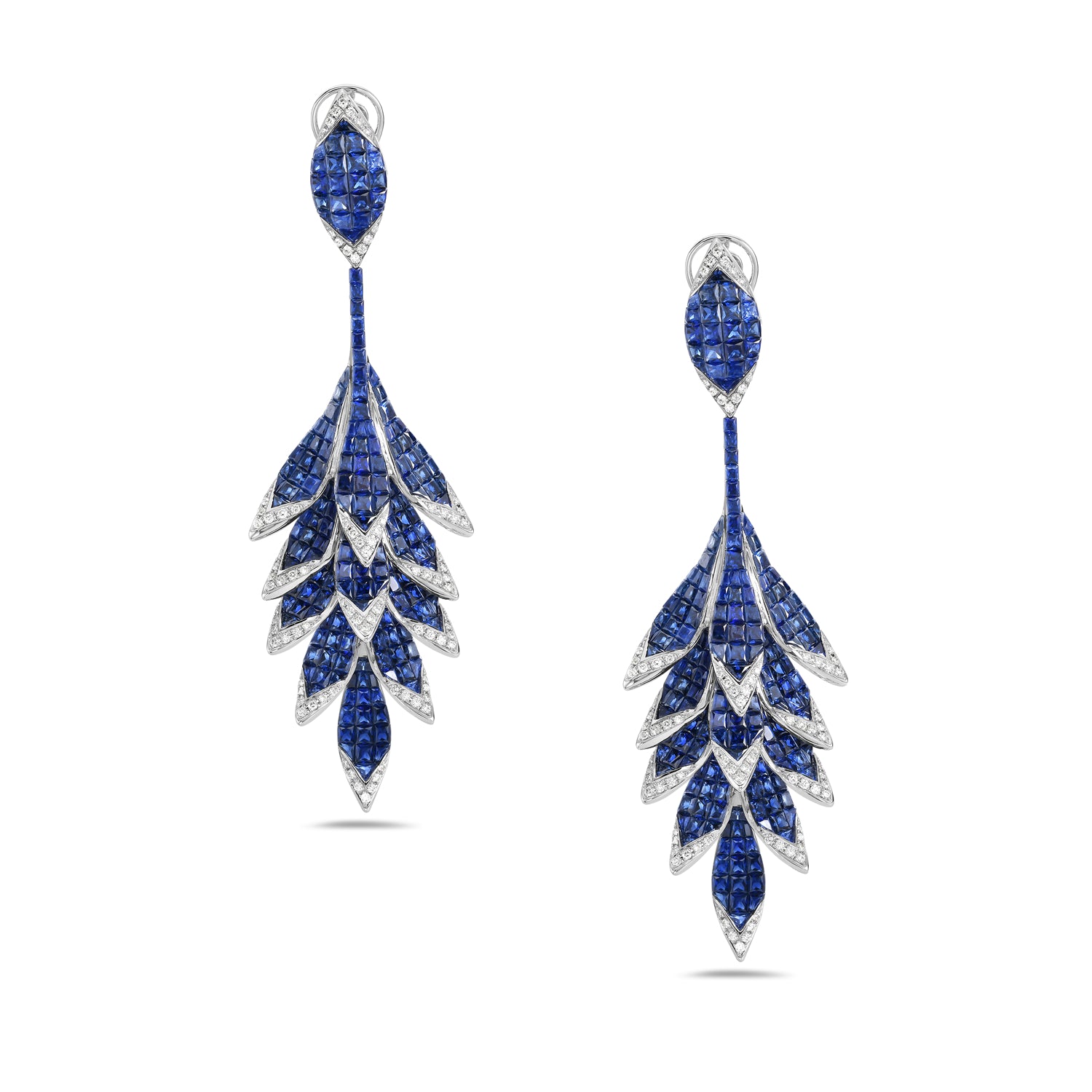 Blue Sapphire Channel Set Diamond Leaf Design Dangler Earrings in 14K White Gold - Elegant Jewelry for Weddings & Evening Events