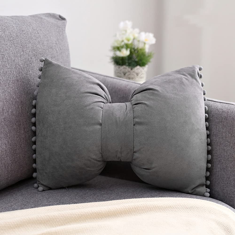 Goiruiya Bow Throw Pillow - Soft Cotton Plush Decorative Cushion with Detachable Bowknot for Sofa, Bed, Living Room & Office - Grey (Perfect for Home Decor, Cozy Reading Nook & Nap Support)