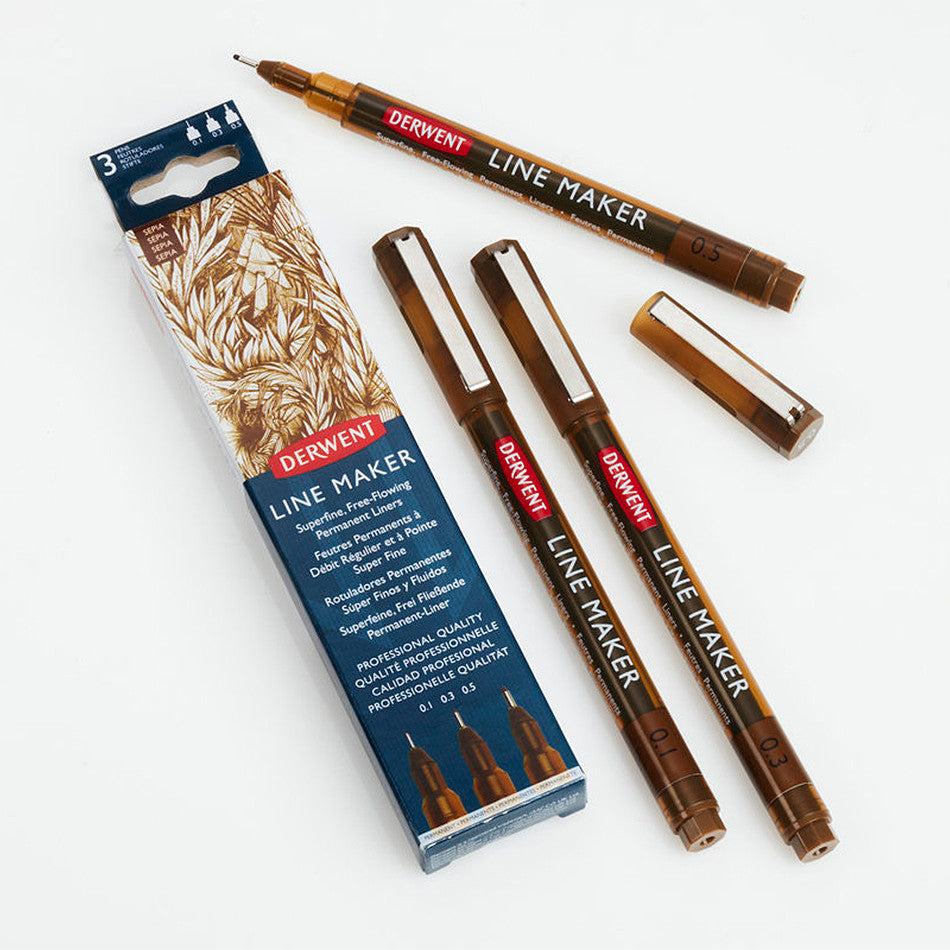 Derwent Line Maker Drawing Pen - Sepia Set of 3 Fine Art Pens for Sketching, Illustration & Calligraphy - Perfect for Artists, Designers & Craft Enthusiasts