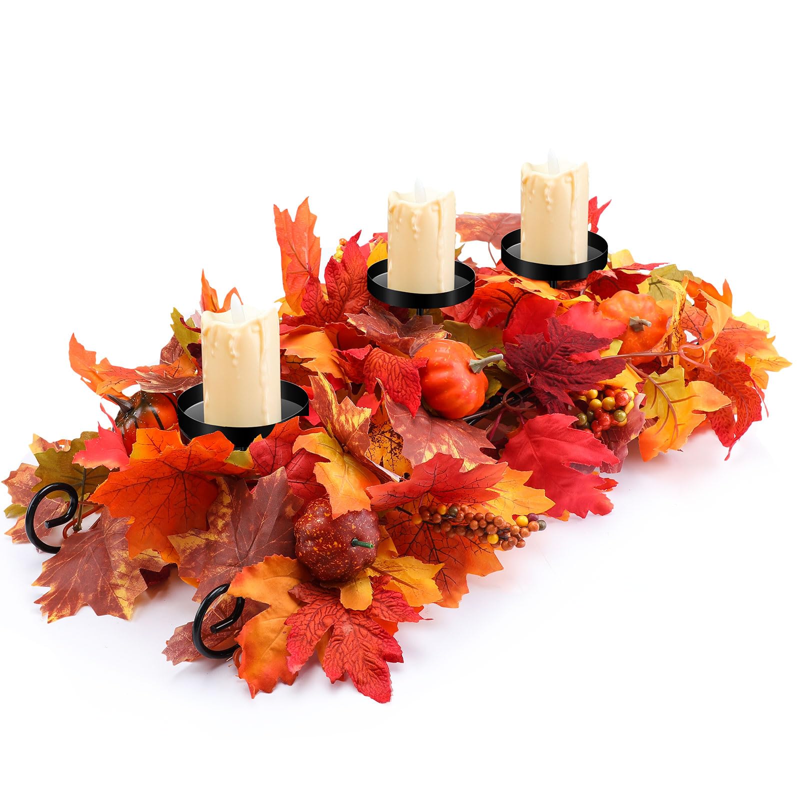 Maple Leaf Candle Holder Centerpiece with Pumpkin & Berries - Fall Thanksgiving Table Decor for Autumn Harvest (Bright Style) | Perfect for Dining Table Centerpieces, Thanksgiving Decorations & Seasonal Home Decor