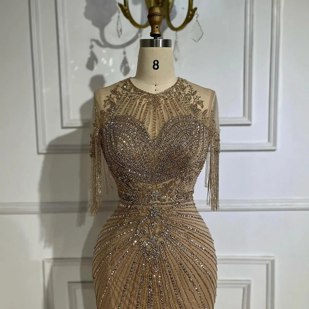 Luxury Dubai Arabic Caramel Tassel Mermaid Beaded Evening Gown for Women - Wedding, Party & Special Occasion Dresses 2025 | Elegant Formal Wear for Brides, Prom & Red Carpet Events