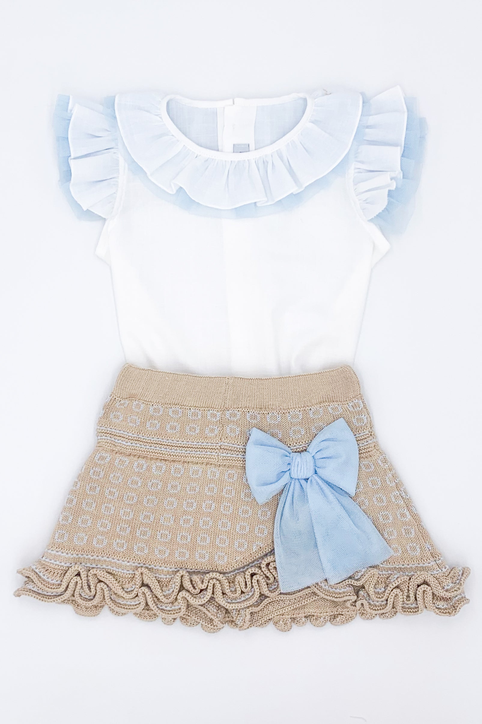 Zara Women's Camel & Baby Blue Knit Cardigan Set with Blouse and Skirt - Cozy Office Wear & Casual Outfit for Fall/Winter