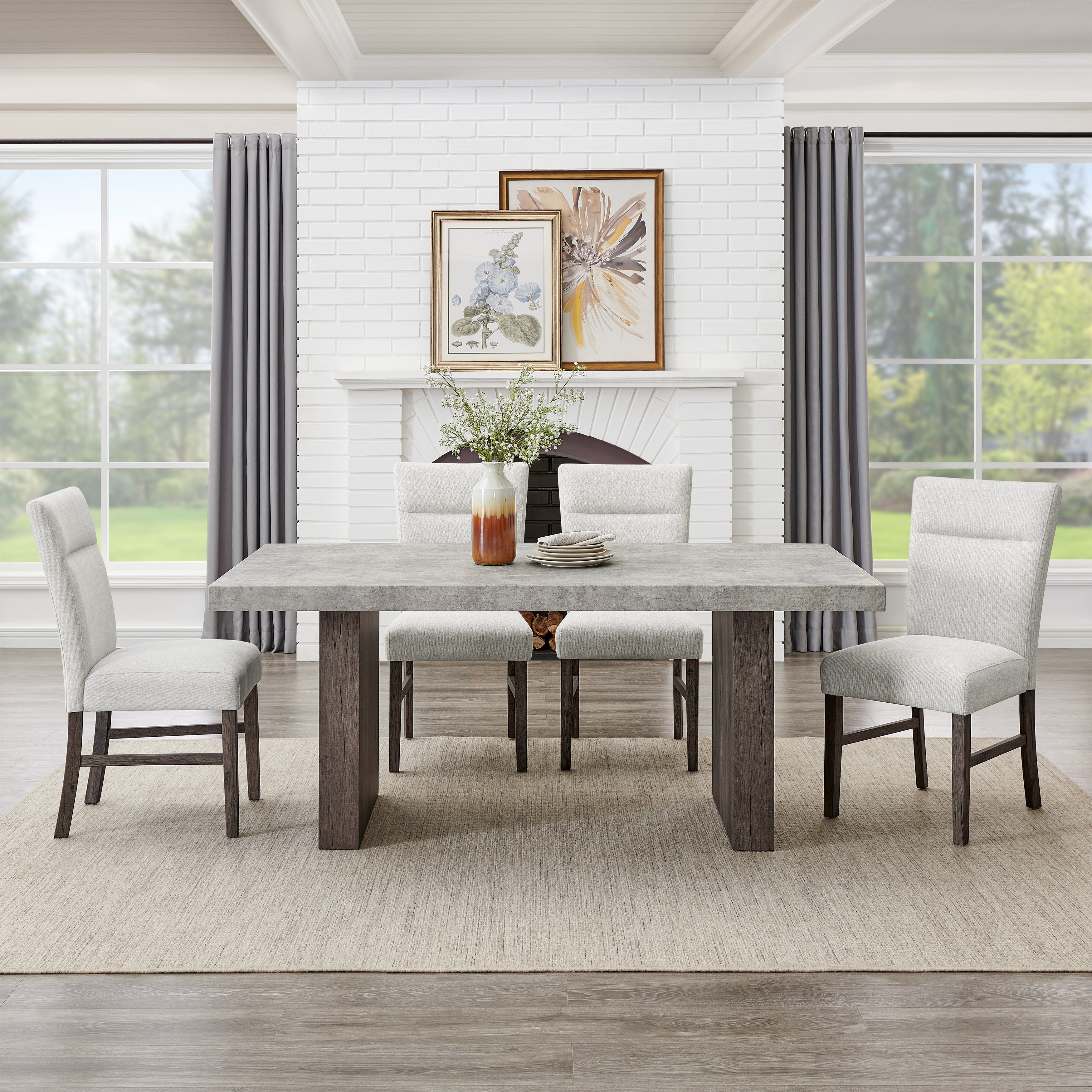 Roundhill Furniture Sorlen Modern 5-Piece Dining Set - 3D Faux Concrete Table with 4 Upholstered Chairs for Kitchen, Dining Room & Small Space | Indoor Use Only
