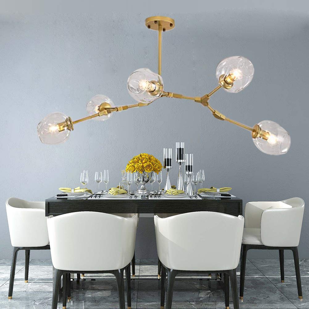 LUOLAX Modern Gold Sputnik Chandelier - 5-Light Clear Glass Globe Pendant Light Fixture for Dining Room, Living Room & Bedroom | Industrial Flush Mount Ceiling Lighting with Clear Lampshades