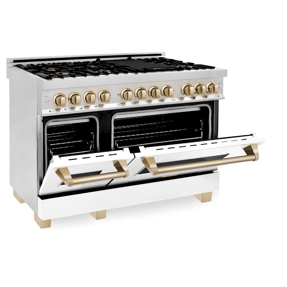 ZLINE Autograph Edition 48-inch Stainless Steel Dual Fuel Range with White Matte Door & Range Hood with Polished Gold Accents - Professional Kitchen Package for Modern Homes | Perfect for Gourmet Cooking & Entertaining