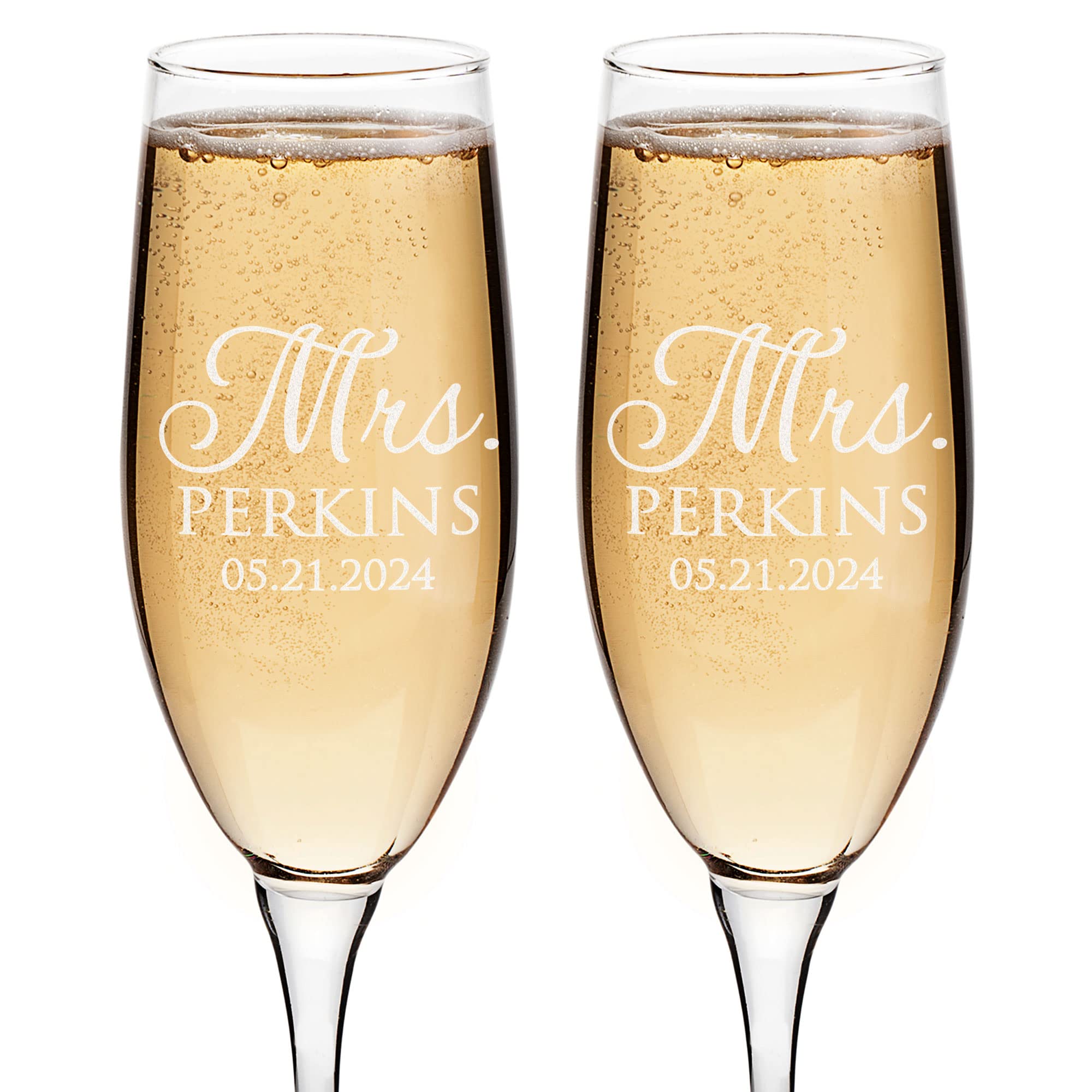 Personalized Mrs. & Mrs. Champagne Glasses Set of 2 - 8 oz Engraved Stemmed Flutes for LGBTQ Wedding, Same-Sex Couples & Newlyweds - Dishwasher Safe Wedding Gift - Perfect for Anniversaries, Bridal Showers & Romantic Celebrations