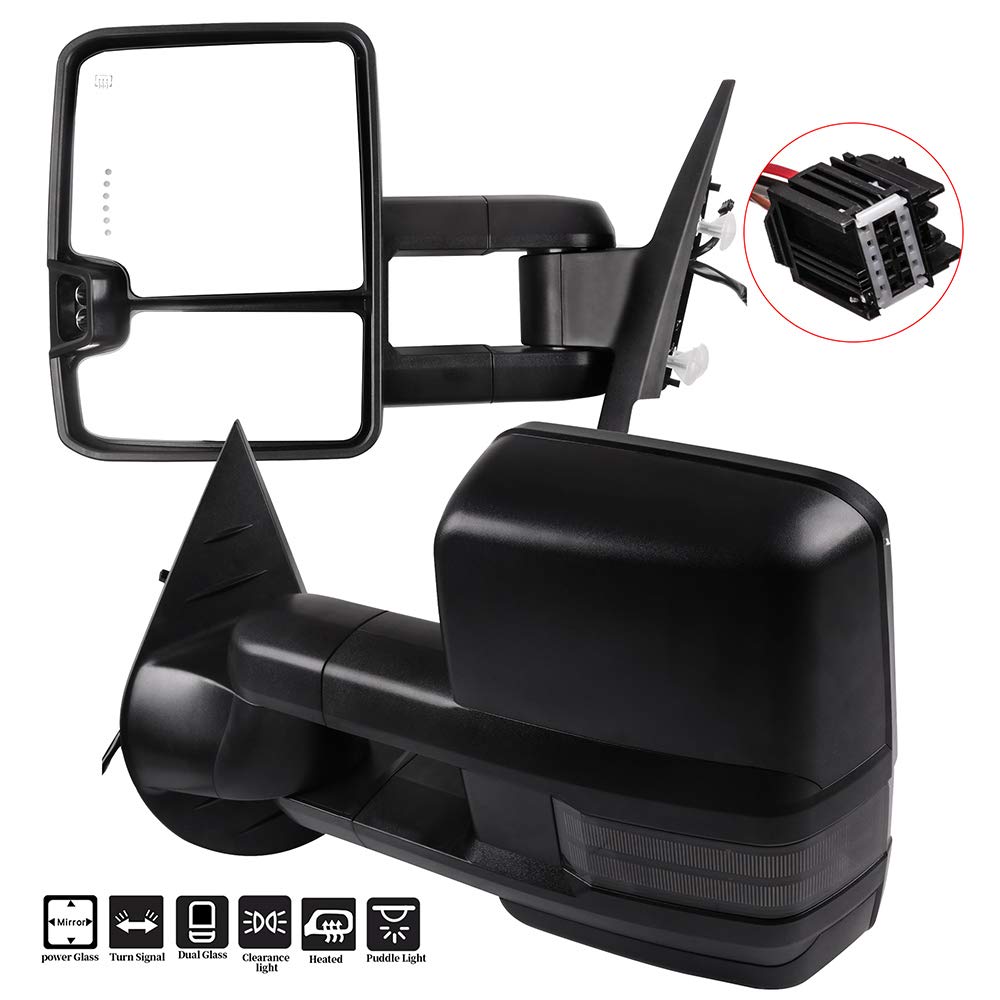 ROADFAR Power Heated Towing Mirrors for 2008-2013 Chevy Silverado & GMC Sierra - LED Turn Signal, Puddle Light, Black Housing - Perfect for Towing Trailers, Campers & Heavy Loads