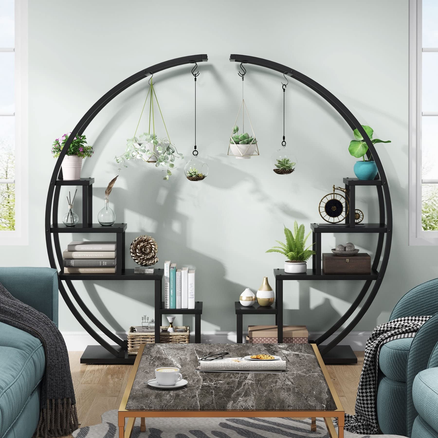 5-Tier Metal Plant Stand Set of 2 - Black Industrial Modern Bookshelf for Indoor Plants, Home Decor & Office Organization - Curved Display Rack with MDF Shelves & Steel Frame (Includes Hardware) - Perfect for Living Room, Bedroom, Balcony & Small Space Gardening
