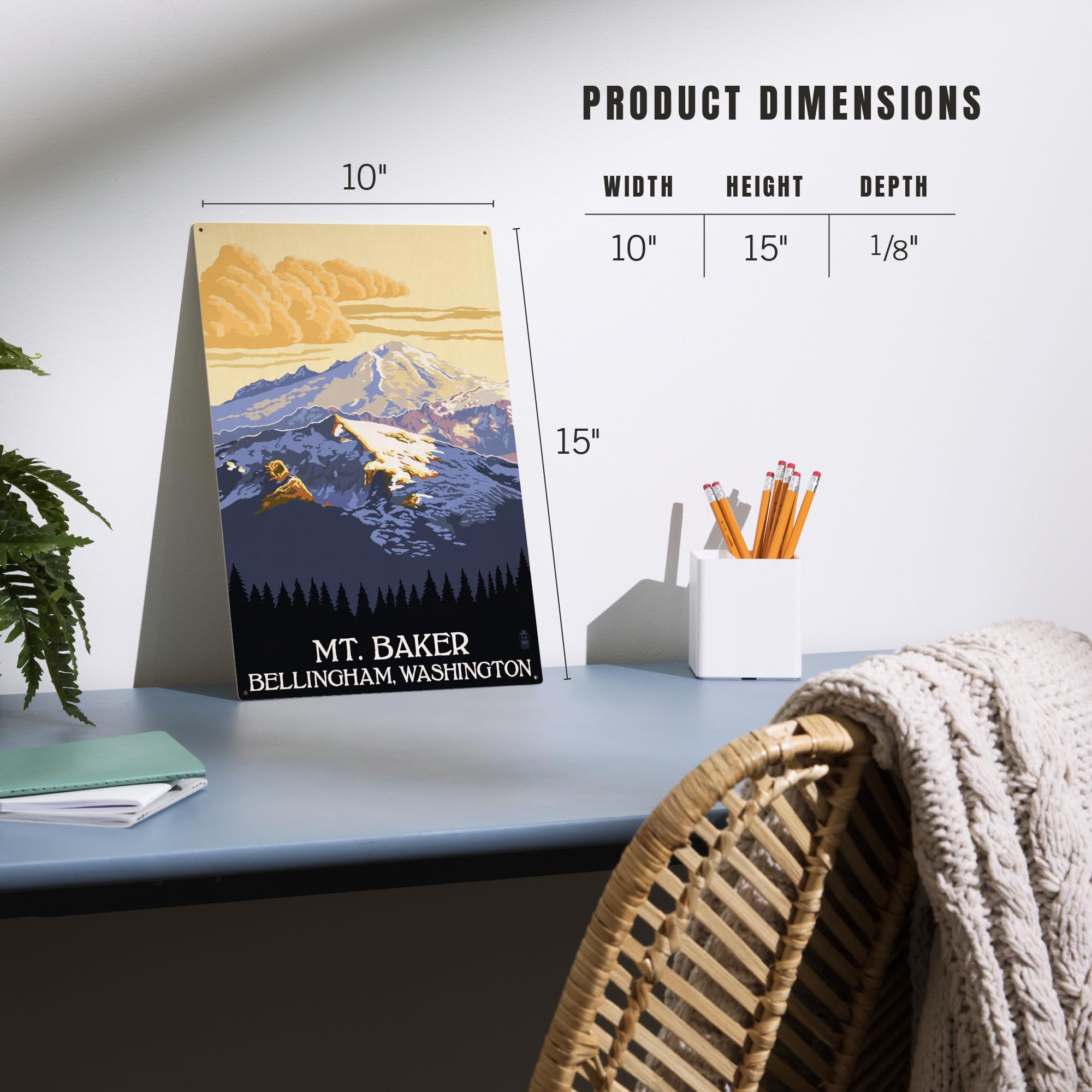 Lantern Press 10x15 Inch Wooden Wall Sign - Ready to Hang Home Decor Featuring Mt. Baker with Yellow Clouds Artwork from Bellingham, Washington | Perfect for Living Room, Bedroom or Cabin Decoration