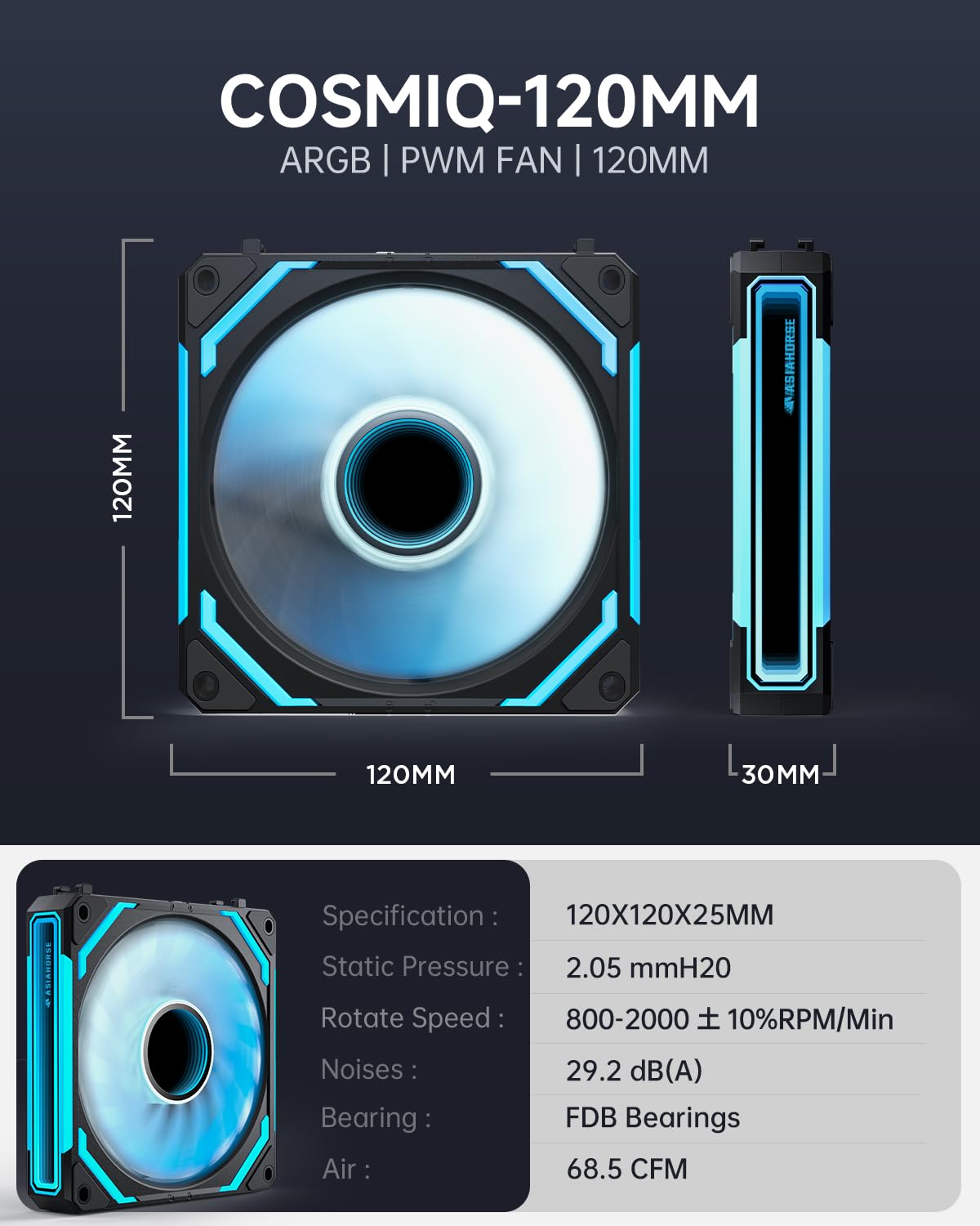 AsiaHorse COSMIQ 120mm RGB PC Case Fans - 5V 3-PIN ARGB PWM Daisy Chain Cooling Fans with Controller for Computer Cases, CPU Coolers & Liquid Cooling Systems (3-Pack, Black) - Perfect for Gaming PC Builds, Custom RGB Setups & High-Performance Cooling