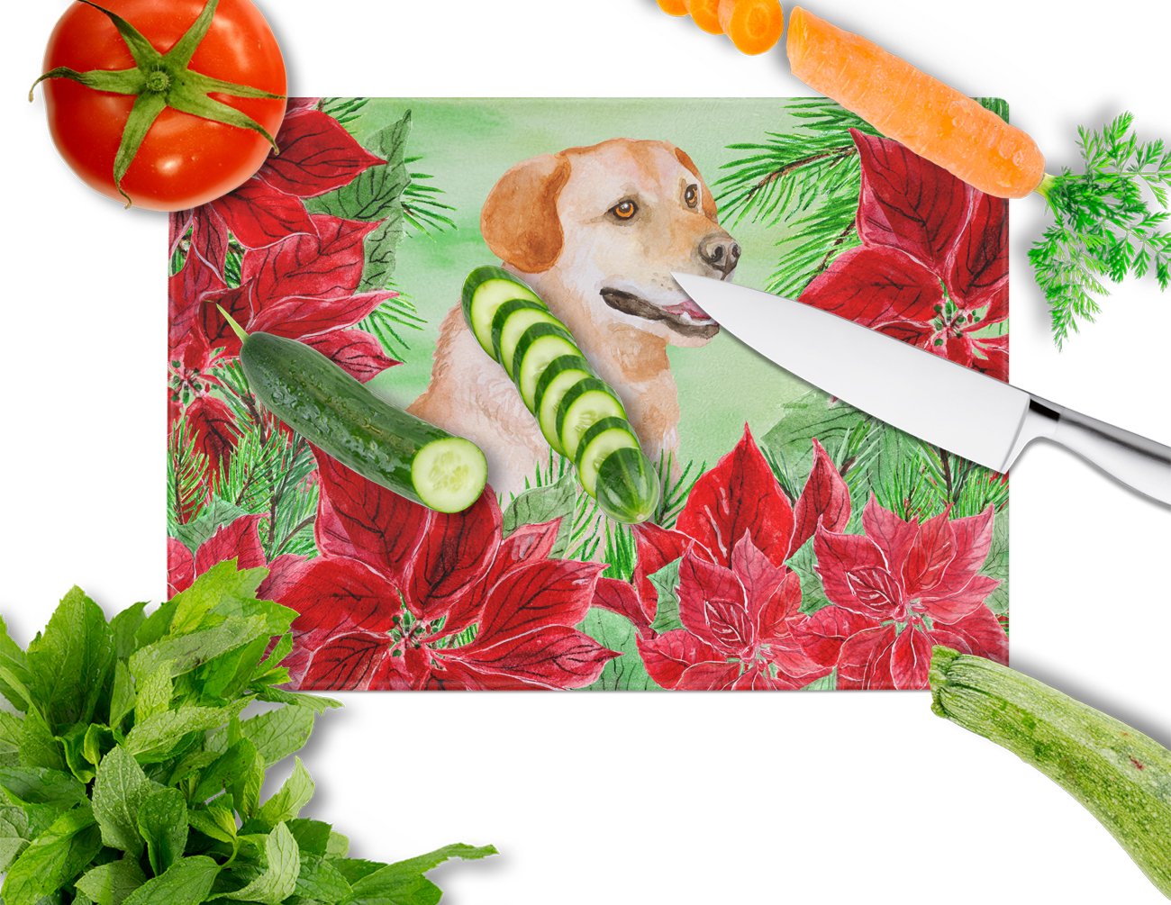Labrador Retriever Poinsettia Tempered Glass Cutting Board - Large Decorative Kitchen Chopping & Serving Board for Holiday Meals & Entertaining | Durable, Non-Slip, Easy to Clean
