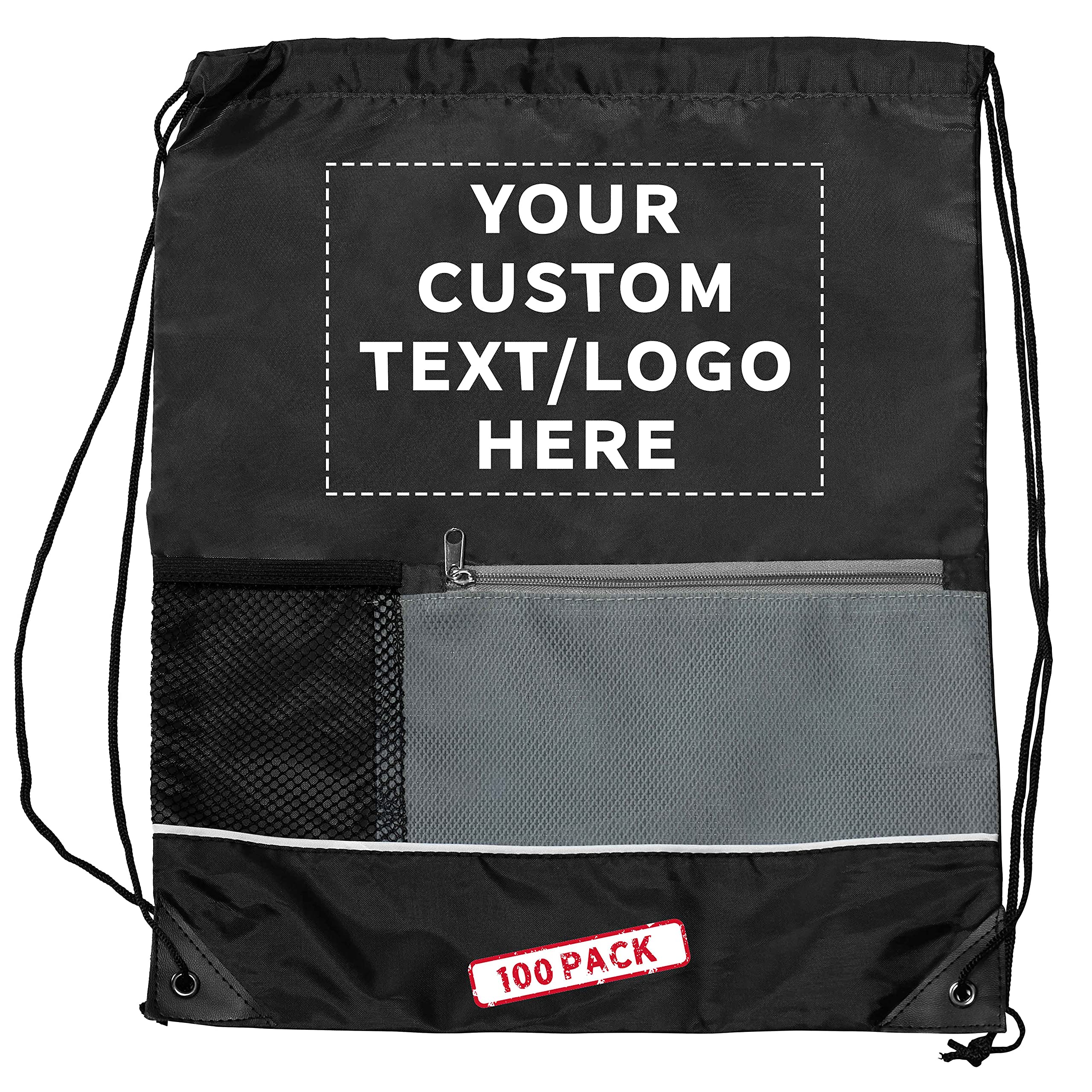Custom Front Pocket Drawstring Backpacks - Bulk Set of 100, Personalized & Reusable Lightweight Sports Bags for Promotions, Events & Gifts - Black | Perfect for School, Gym, Travel & Corporate Branding