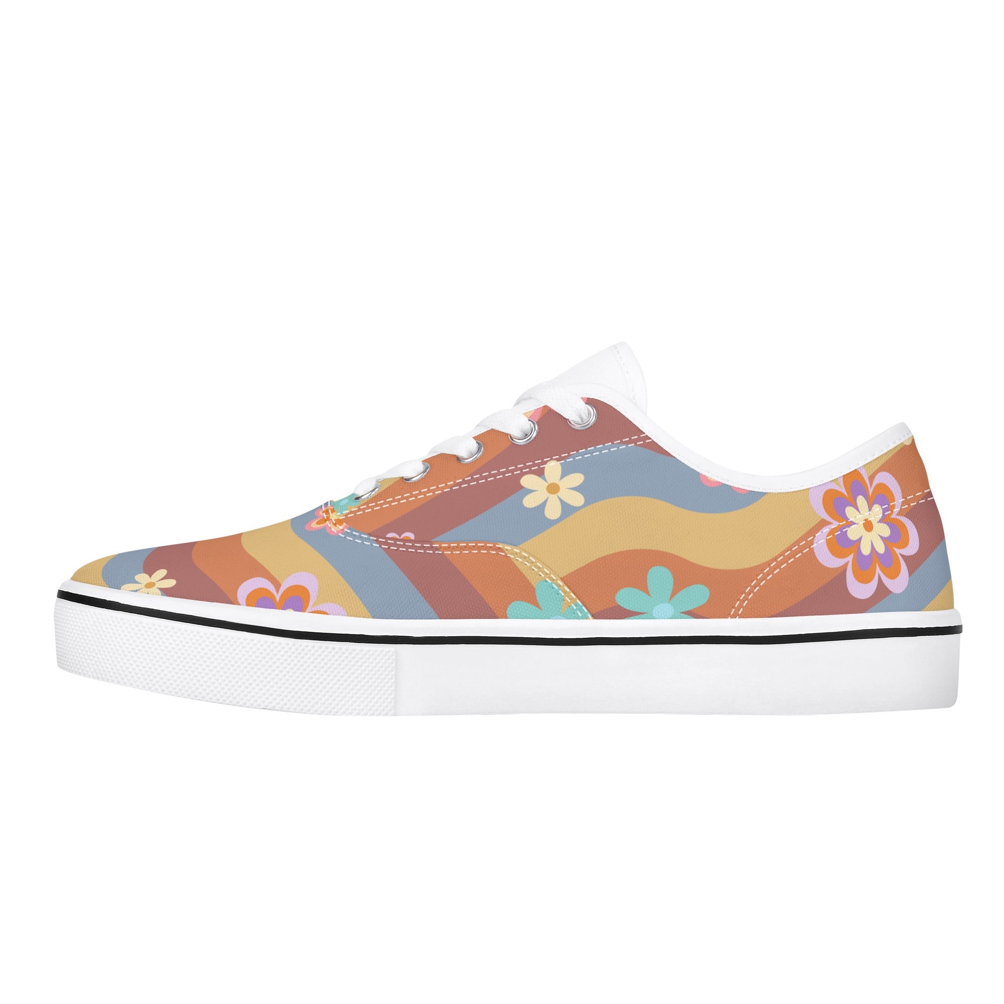 Women's Retro Floral Print Lace-Up Skate Sneakers - Vintage Hippie Style for Casual Wear & Street Fashion