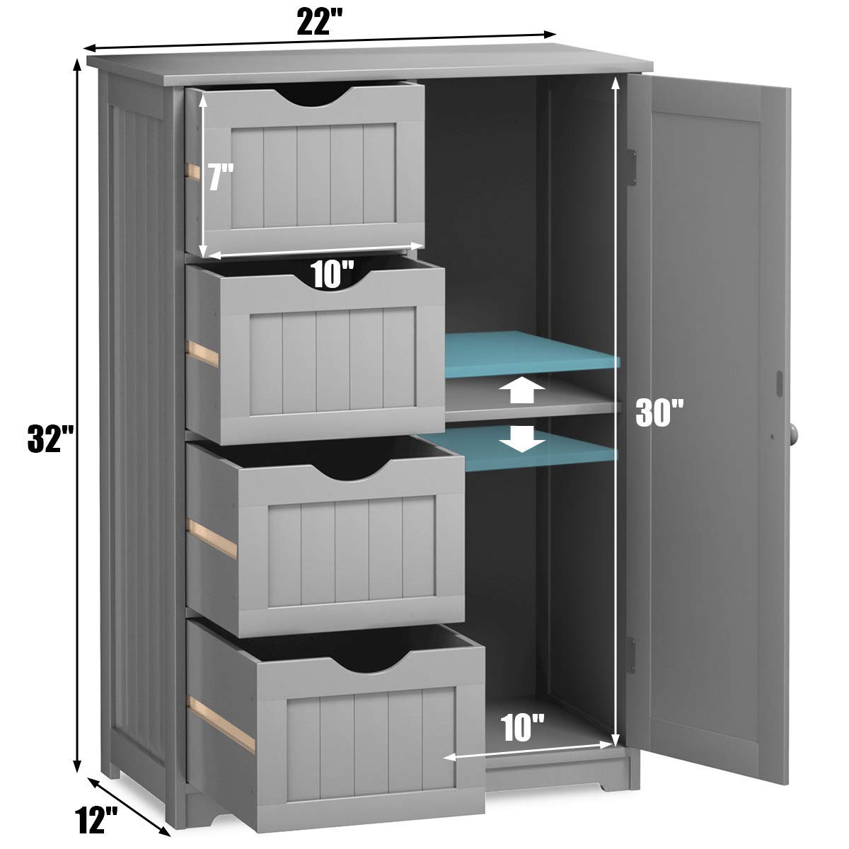 Giantex 4-Drawer Bathroom Storage Cabinet with Cupboard & Adjustable Shelf - Anti-Tip Floor Cabinet for Bathroom, Entryway, Living Room Organization (Gray) | Space-Saving Storage Solution for Towels, Toiletries & Home Essentials