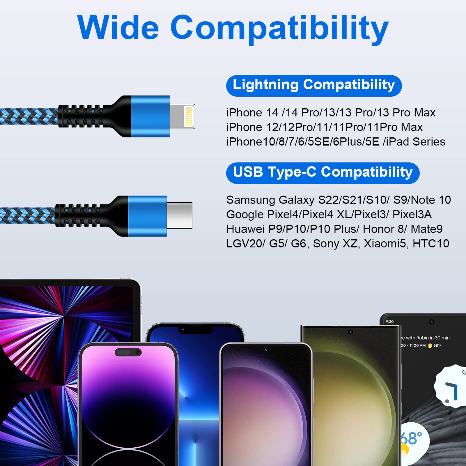 2 in 1 USB C and Lightning Cable 1.2M Fast Charging Cord (2-Pack) - Compatible with iPhone 14/13/12/11 Pro Max/X/8, Samsung Galaxy S24/S23/S22/A15/Z Flip - Perfect for Home, Office, Travel & Car Charging