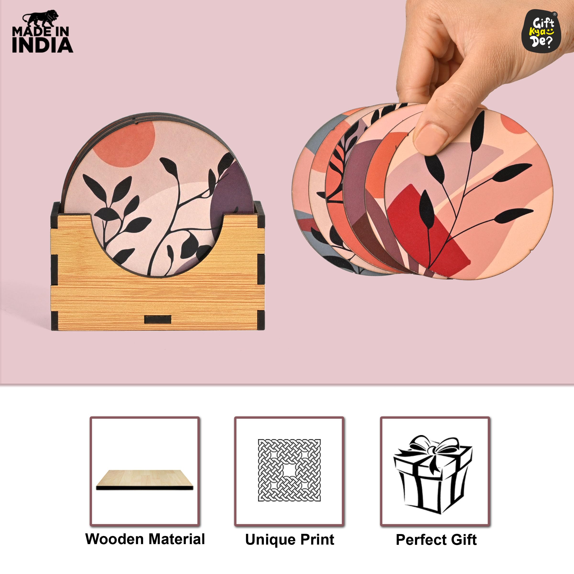 GKD Set of 6 Modern Art Wooden Coasters - 3.8 x 3.8 Inch Eco-Friendly Drink Coasters for Coffee, Tea & Glasses - Perfect for Home, Office & Restaurant Use