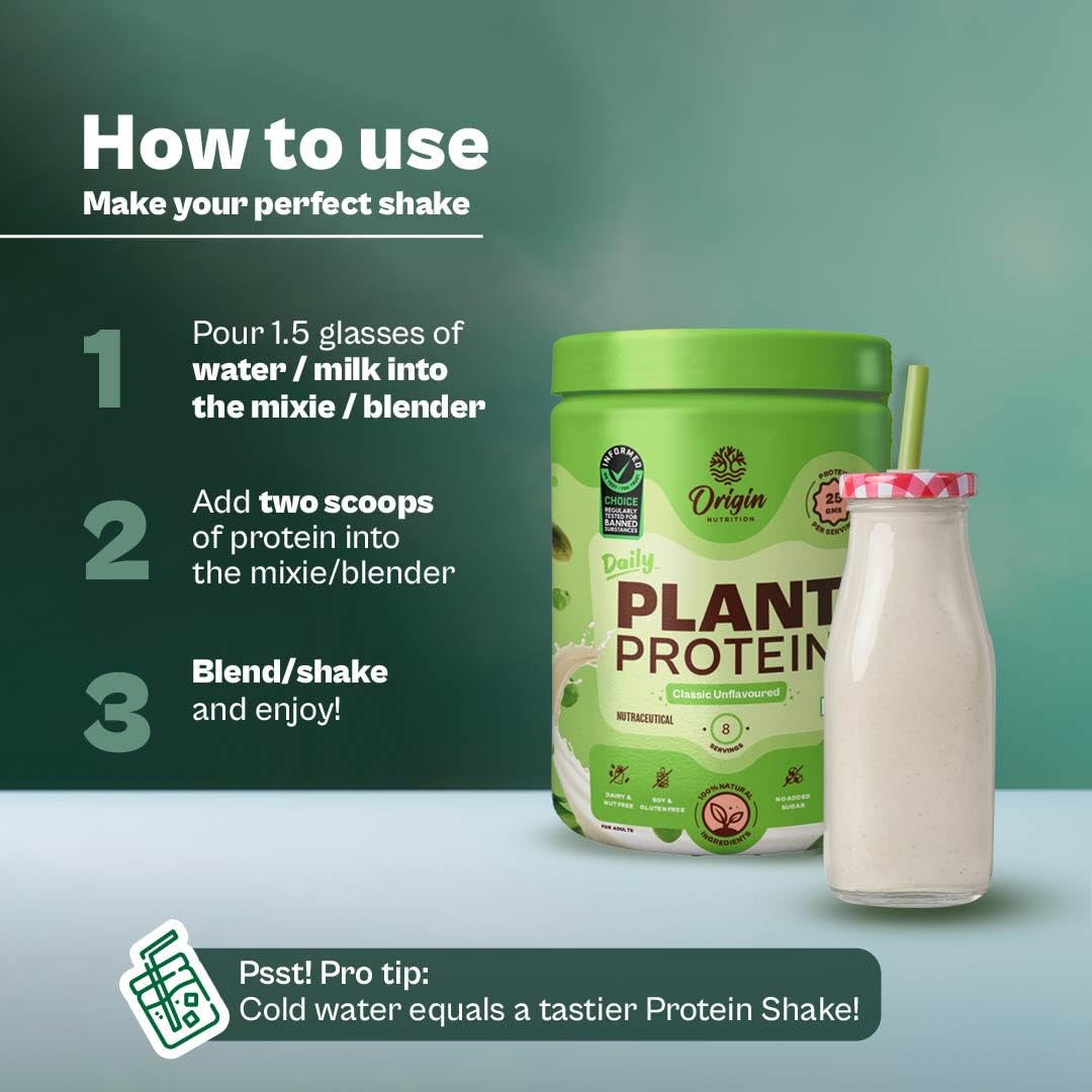 Origin Nutrition 100% Natural Unflavored Plant Protein Powder - 25g Plant-Based Protein per Serving, Gluten Free, Dairy Free, No Added Sugar, Soy Free, Non-GMO, Vegan & Jain Friendly (260g, 8 Servings) - Perfect for Smoothies, Baking & Post-Workout Recovery