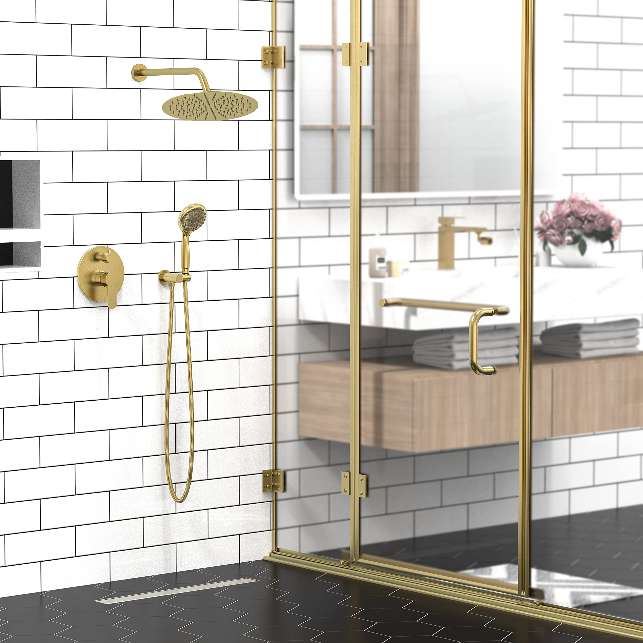 SR SUN RISE 12 Inch High Pressure Shower Head System - Brushed Gold Multifunctional Shower Faucet with Handheld Spray & Valve - Perfect for Bathroom, Spa & RV Use