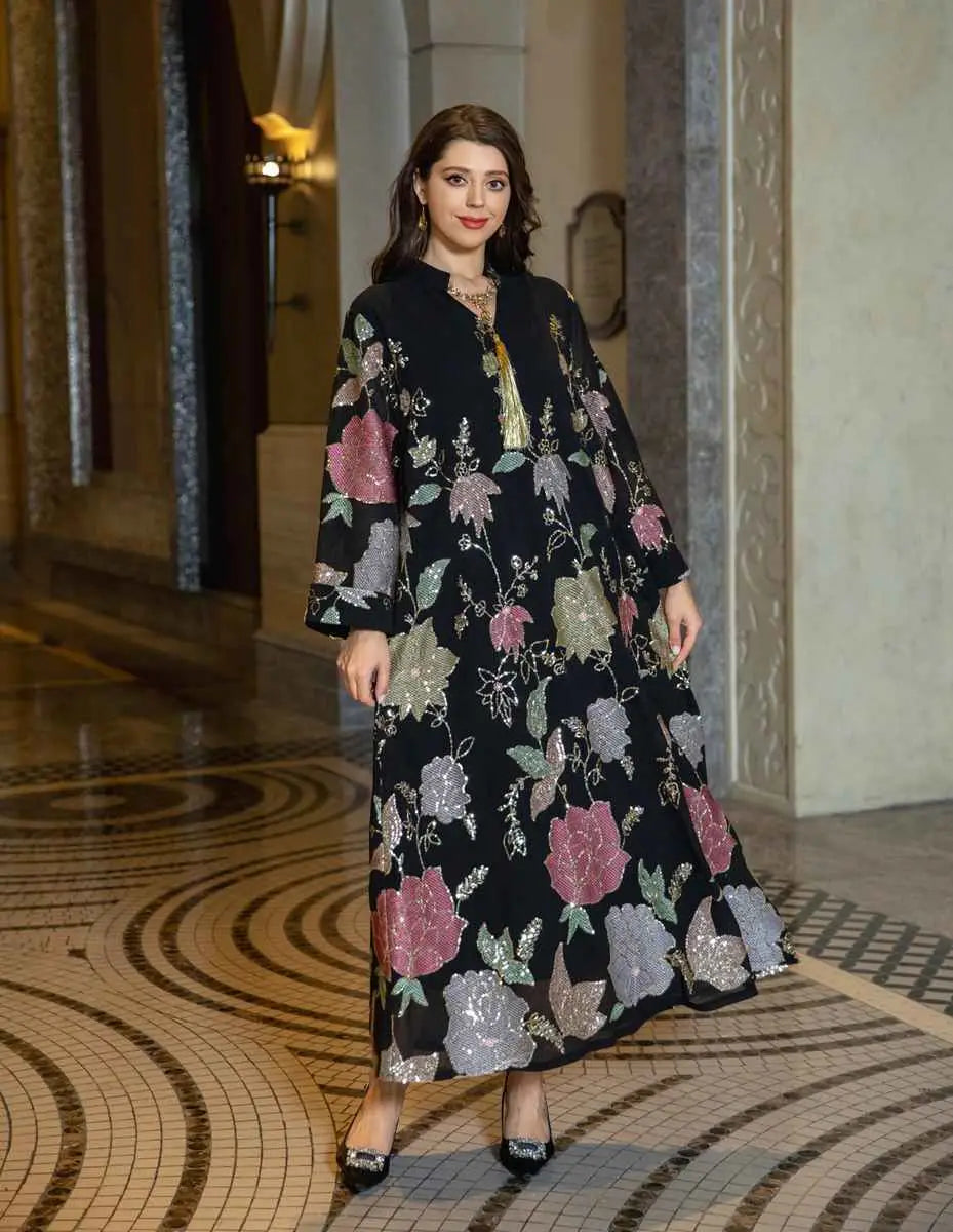Elegant Eid Dress for Women - Embroidered Sequin Chiffon Kaftan Caftan Outfit | Perfect for Eid Celebrations, Weddings & Special Occasions