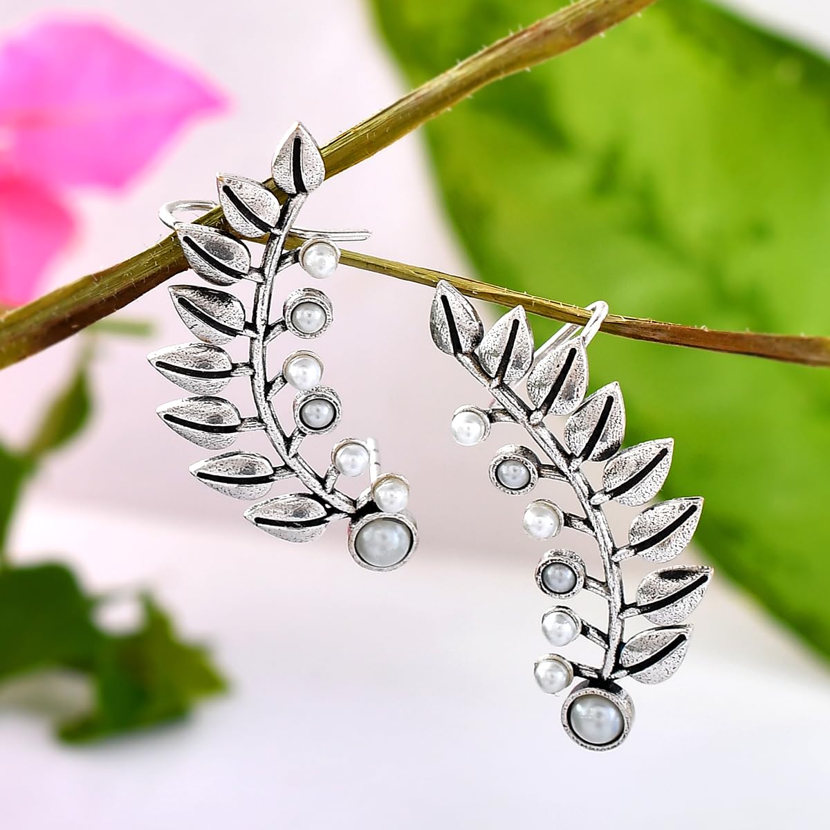 Voylla Fresh Fern Zahaar Oxidized Stud Earrings for Women | Elegant Jewelry Gift for Valentine's Day, Anniversary & Special Occasions | Perfect for Parties, Weddings & Everyday Wear