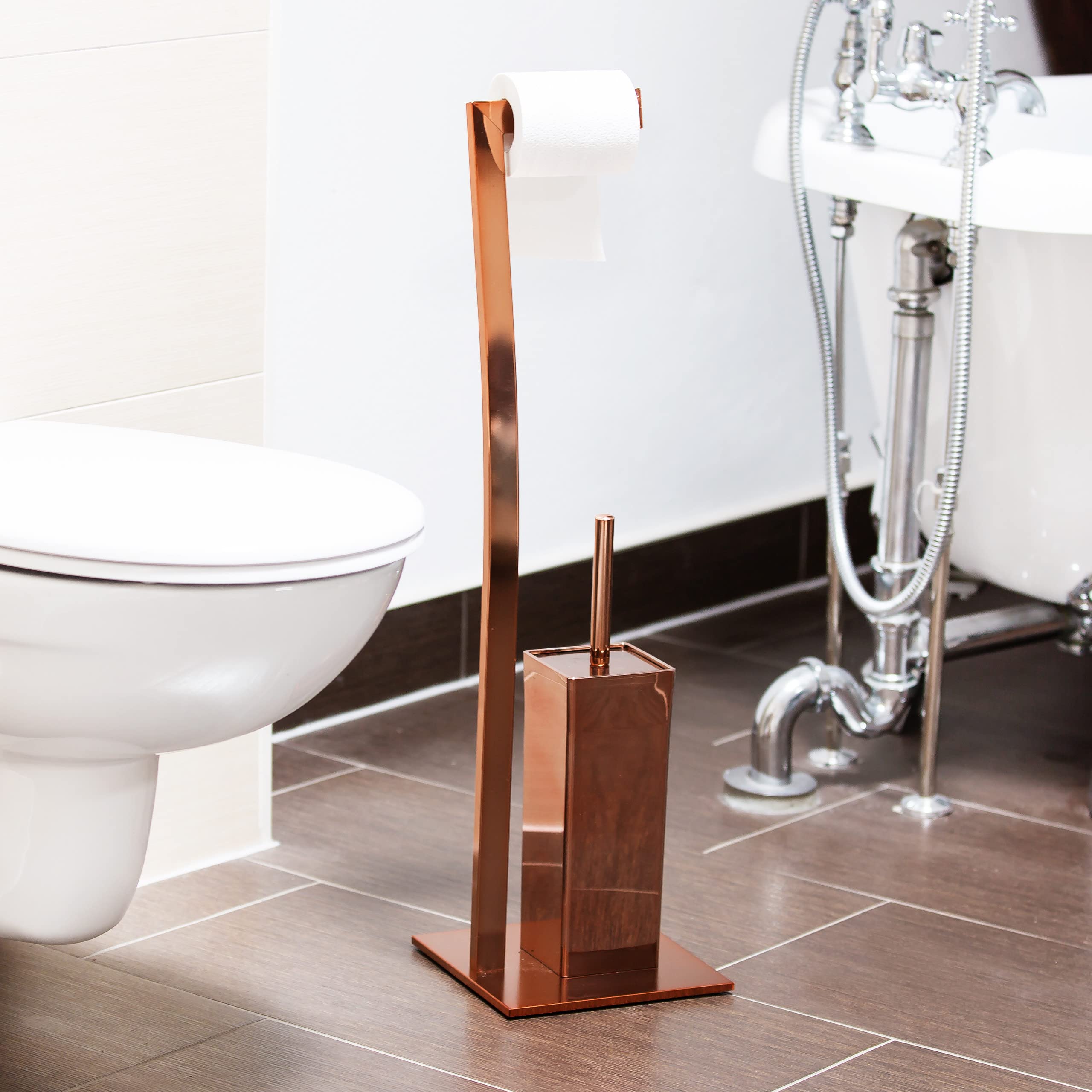 Stainless Steel Free-Standing Toilet Brush and Holder Set with Copper Accents - 71 x 20 x 20 cm Bathroom Cleaning Tool for Modern Homes (Ideal for Toilet, Bathroom & Guest Powder Room Maintenance)
