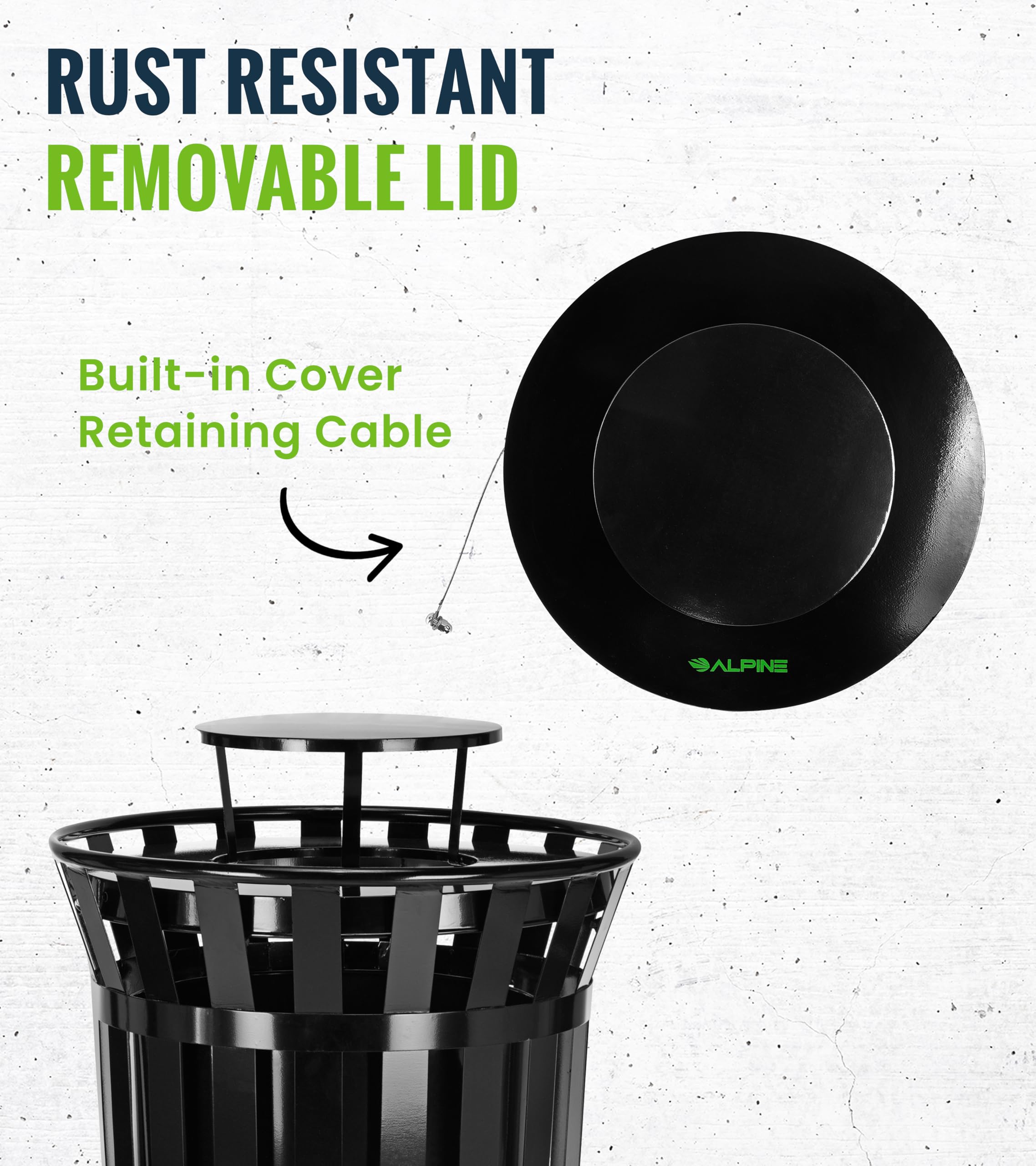 Alpine Commercial Outdoor Trash Can Lid - Durable Weatherproof Round Metal Garbage Can Cover for Rain Protection | Perfect for Parks, Restaurants & Outdoor Spaces