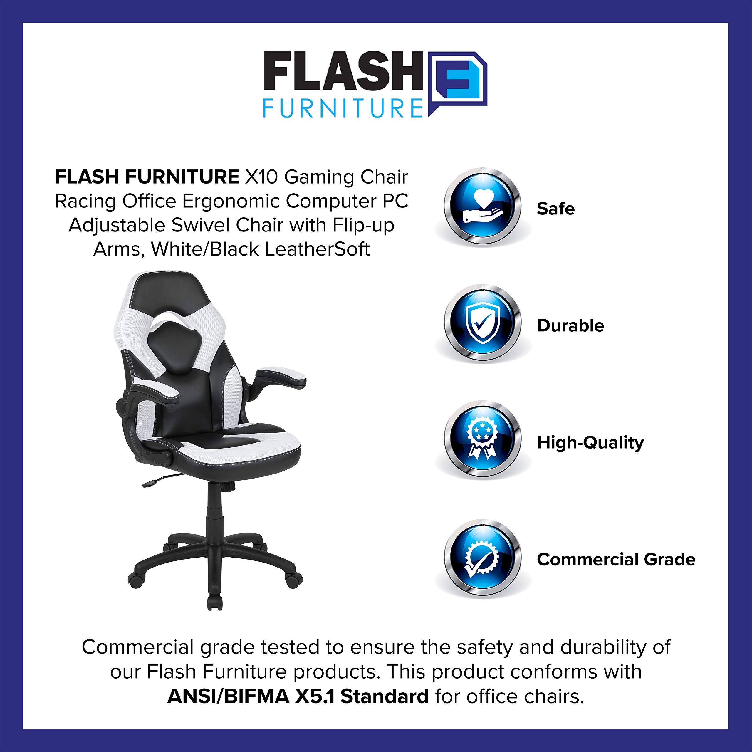 Flash Furniture X10 Ergonomic Gaming Chair - Adjustable Office Chair for PC & Gaming Setup with Lumbar Support, White/Black PU Leather - Perfect for Esports, Streaming & Long Work Sessions