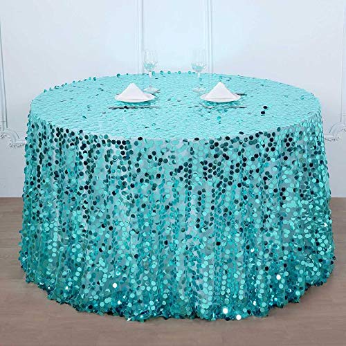 Premium Sequin Round Tablecloth 120 Inches - Big Payette Turquoise Luxury Fabric for Weddings, Birthdays, Christmas Parties & Banquet Hall Decorations - Perfect for Formal Events, Holiday Celebrations & Special Occasions