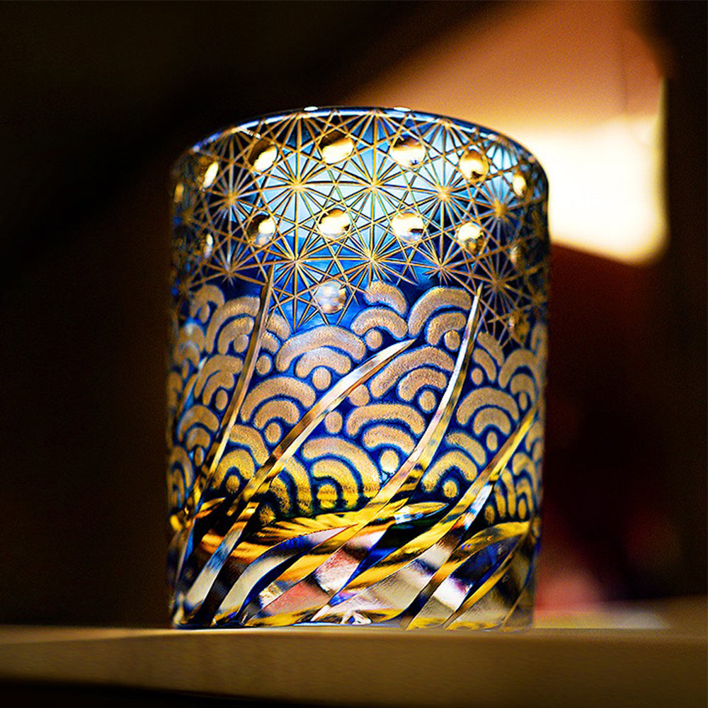 Handcrafted Edo Kiriko Amber Blue Whiskey Glass - Japanese Artisan Cut Crystal Cup for Whiskey, Tea & Cocktails - Elegant Drinkware for Home Bar, Gifts & Special Occasions