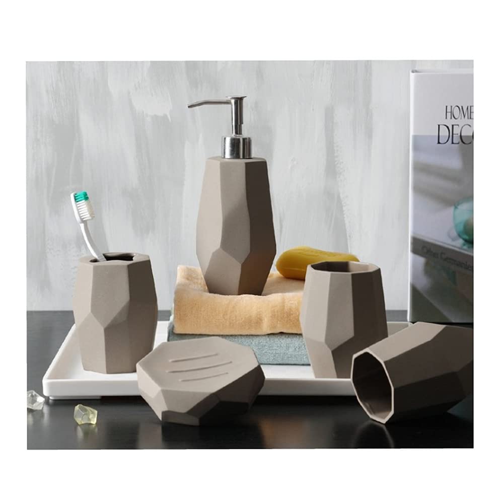 OUMIFA 5-Piece Bathroom Set - Automatic Soap Dispenser, Toothbrush Cup, Mouthwash Cup, Soap Dish & Lotion Bottle - Modern Diamond Design Solid Color for Dorm, Toilet & Home Decor (Brown) - Perfect for Bathroom Organization & Guest Essentials