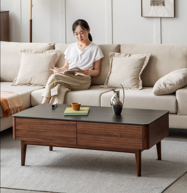 Solid Black Walnut Wood Coffee Table with Natural Slate Top - Perfect for Living Room, Lounge & Modern Home Decor