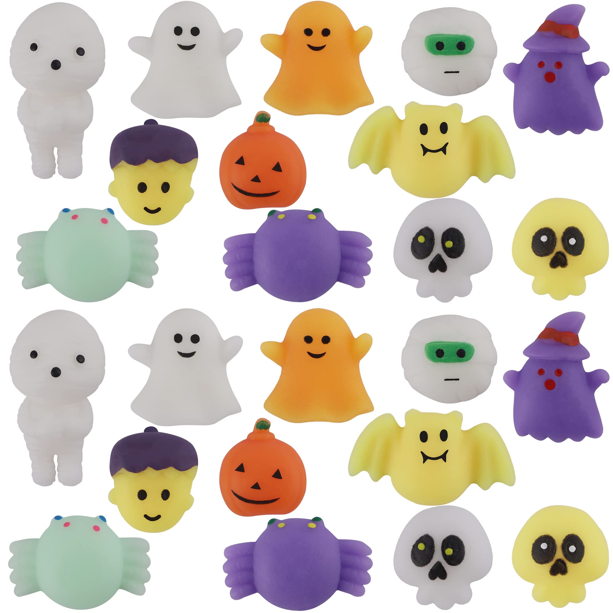 24 Pack Cllayees Squishy Mochi Stress Relief Toys - Halloween Ghost Pumpkin Spider Bat Mini Figures for Kids & Adults - Party Favors, Classroom Rewards, Office Desk Decor