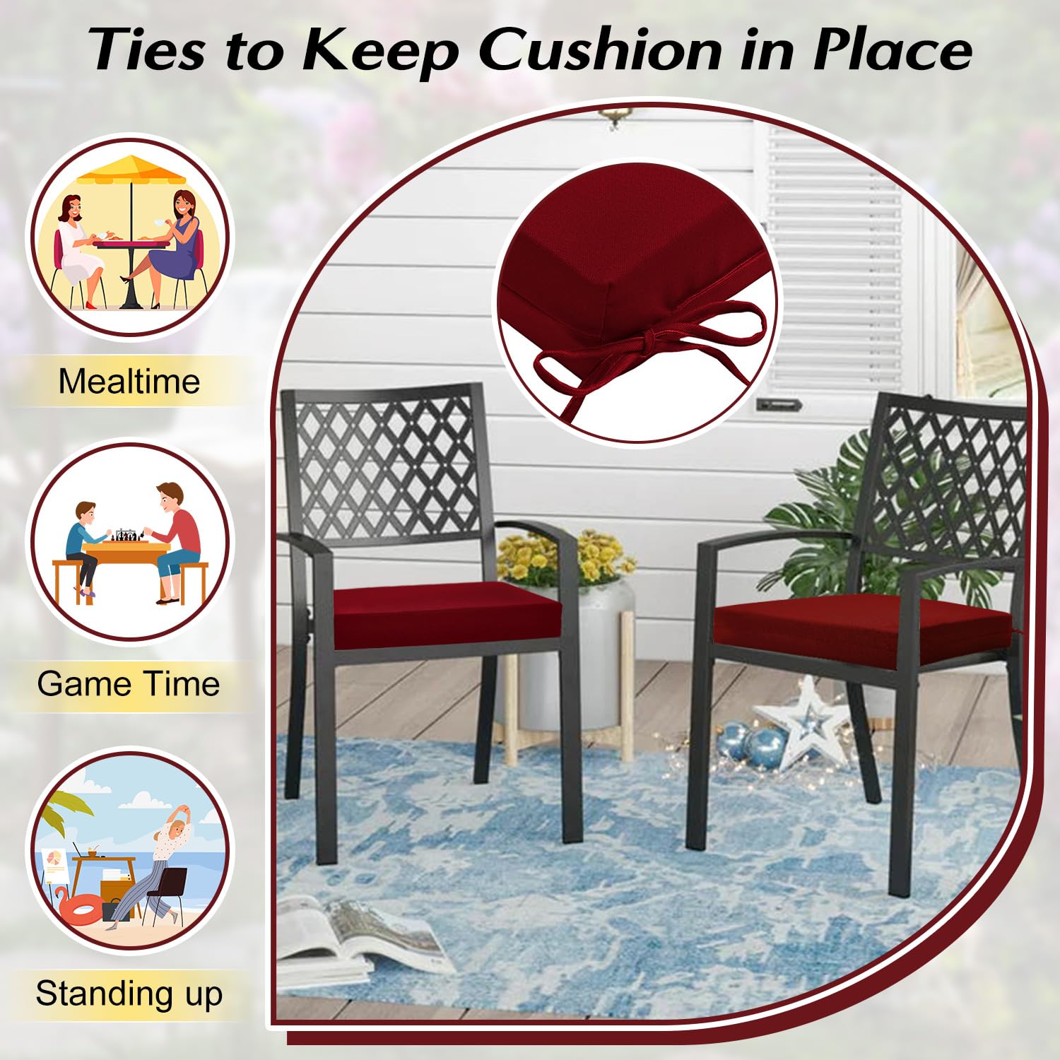 LOVTEX Waterproof Outdoor Chair Cushions Set of 6 - 18.5 x 16 x 3 Inch Dark Red Patio Furniture Cushions with Ties - Perfect for Garden, Deck, Poolside & Backyard Relaxation