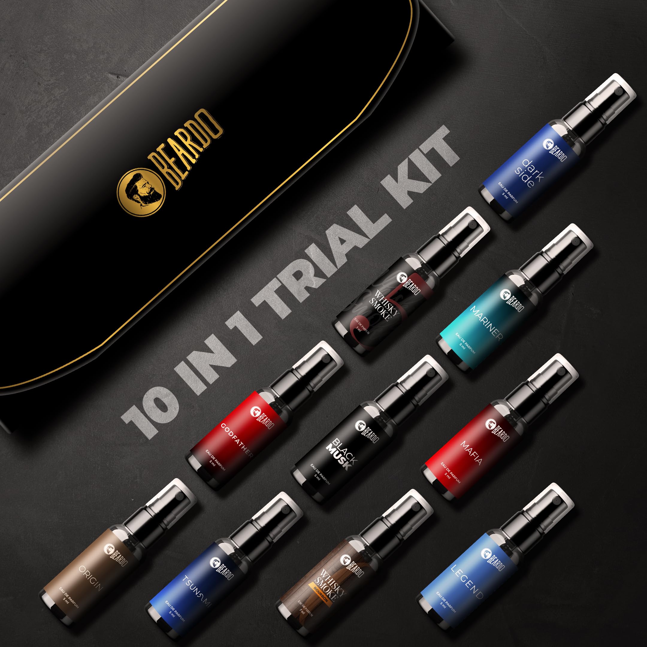 Beardo Mini Perfume Trial Kit - 10 x 5ml Travel Size Fragrances for Men | Best Date Night Cologne Set | Versatile Scent Collection for Work, Gym & Special Occasions | Perfect Gift for Husband, Boyfriend & Men | Compact & TSA-Friendly Perfume Sampler
