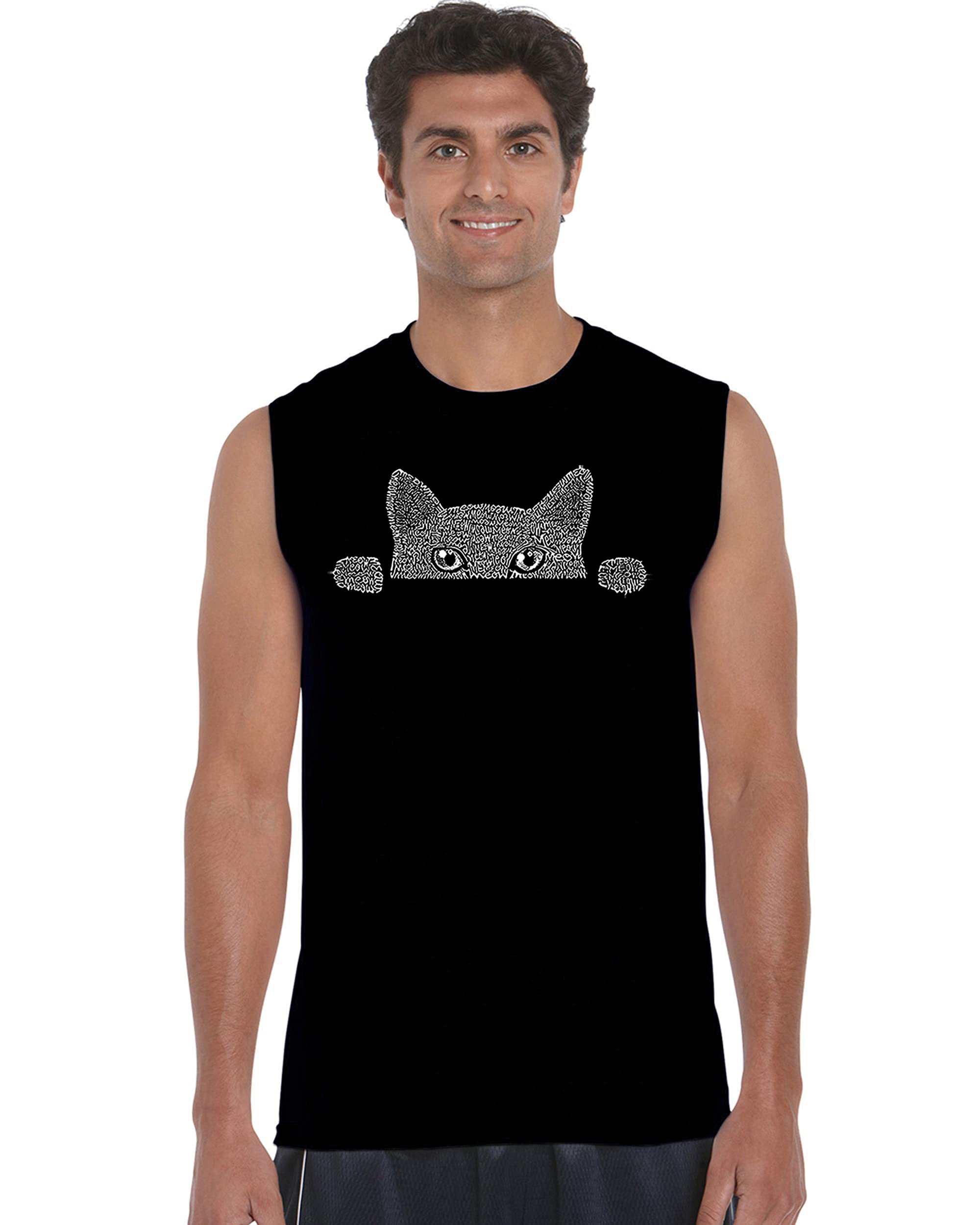 LA POP ART Men's Word Art Sleeveless T-Shirt with Peeking Cat Design - Graphic Muscle Tee for Casual Wear, Gym & Street Fashion