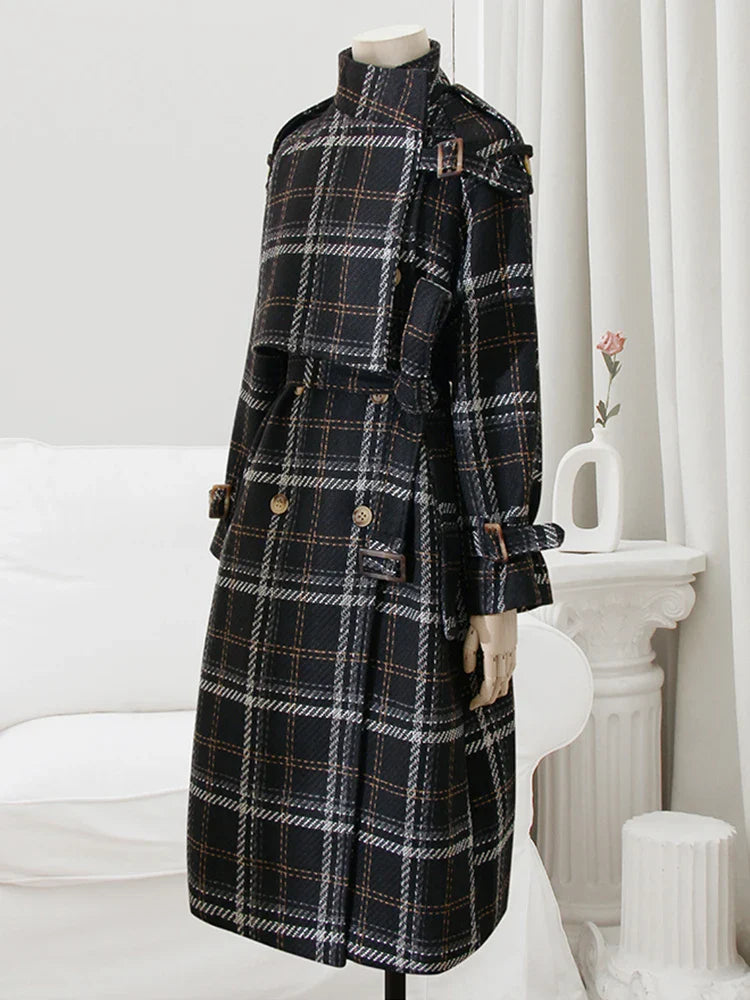 Women's Autumn Winter Long Loose Warm Plaid Wool Blend Trench Coat - Raglan Sleeve, Belted Double Breasted Wool Overcoat for Office, Travel & Casual Wear
