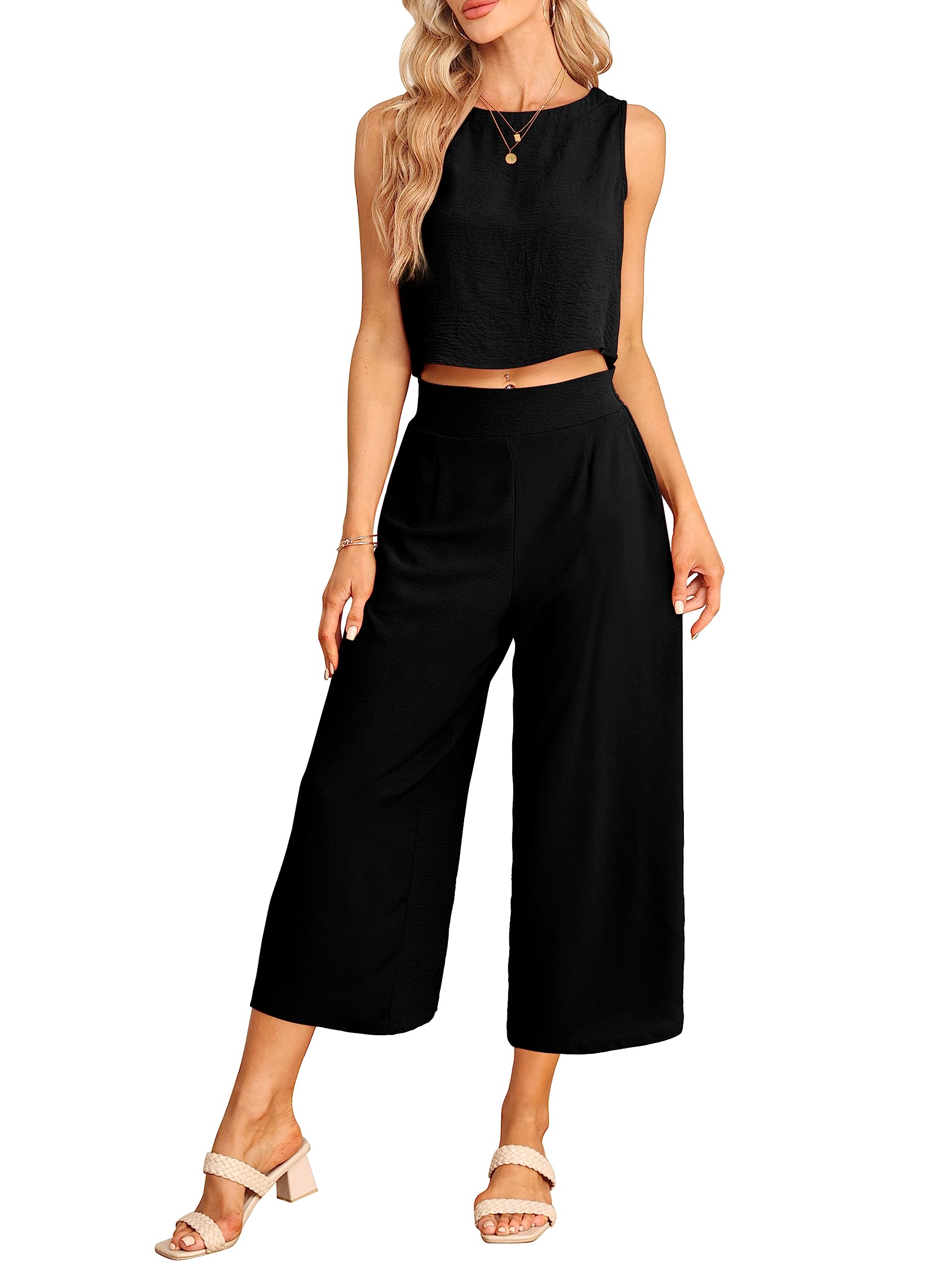 Women's Summer 2-Piece Outfit - Round Neck Button Back Sleeveless Tank Top & Wide Leg Pants Set with Pockets | Casual Beach Wear, Vacation Outfits, Street Style Fashion